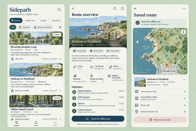 Sidepath — вымышленное приложение для поиска прогулочных маршрутов поблизости, представленное на трёх мобильных экранах: «Прогулки поблизости»; «Обзор маршрута»; «Сохранённый маршрут».