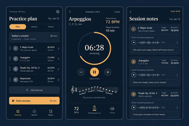 Tempo Notes — вымышленный дневник музыкальных занятий с планом занятий, таймером упражнения и заметками о сессии на трёх экранах мобильного приложения.