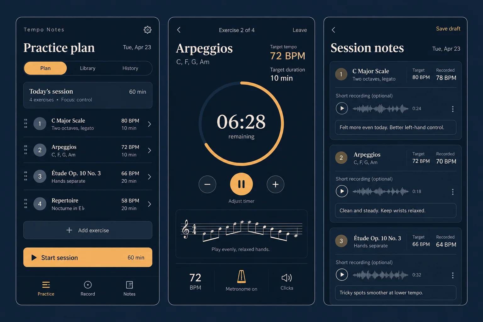 Tempo Notes — вымышленный дневник музыкальных занятий с планом занятий, таймером упражнения и заметками о сессии на трёх экранах мобильного приложения.