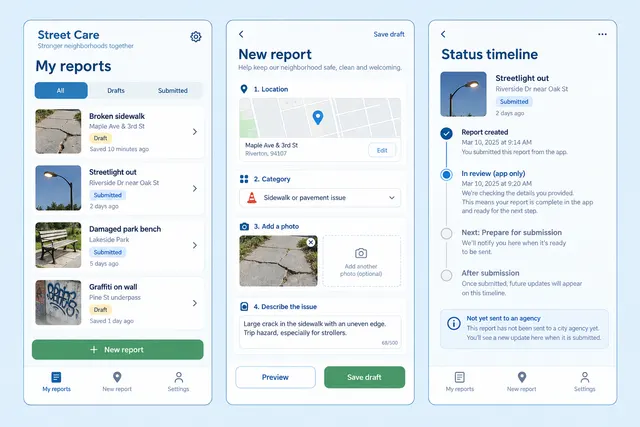 Street Care — вымышленное приложение для сообщений о необходимости ремонта в районе, показывающее разделы «Мои сообщения», «Новое сообщение» и «Хронология статуса» на трёх экранах мобильного приложения.