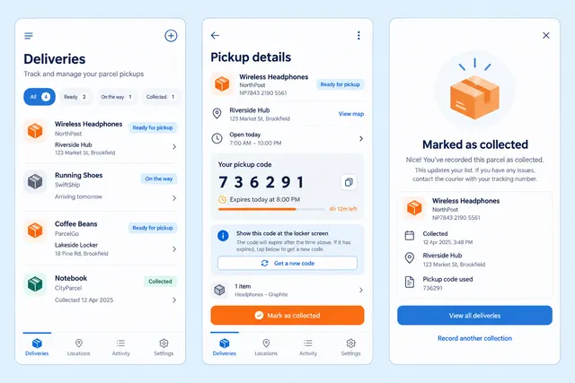 Parcel — вымышленный органайзер получения посылок, показывающий разделы «Доставки»; «Данные для получения»; «Получено» на трёх экранах мобильного приложения.