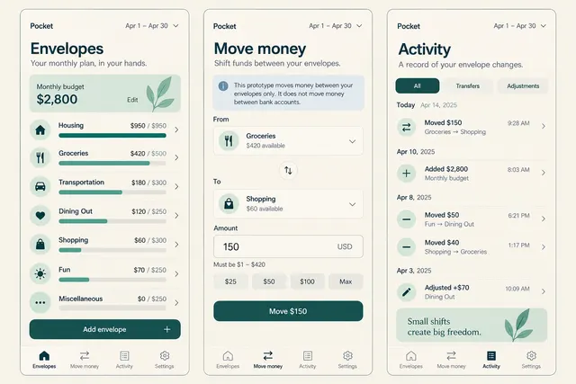 Pocket — вымышленный планировщик бюджета по конвертам с экранами «Конверты», «Перевод средств» и «История операций» в трёх мобильных экранах приложения.