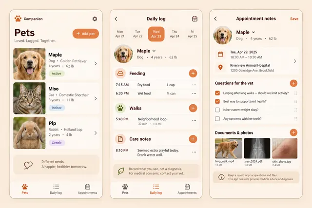 Companion — вымышленный дневник ухода за питомцами, показывающий разделы «Питомцы»; «Ежедневный журнал»; «Заметки к приёму» на трёх экранах мобильного приложения.