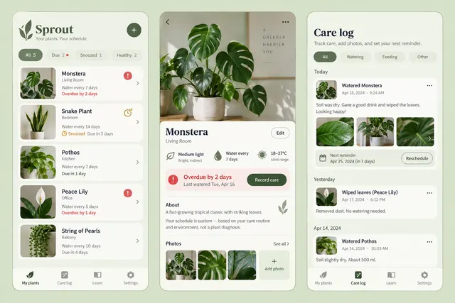 Sprout — вымышленное расписание ухода за растениями с тремя экранами мобильного приложения: «Мои растения», «Карточка растения» и «Журнал ухода».