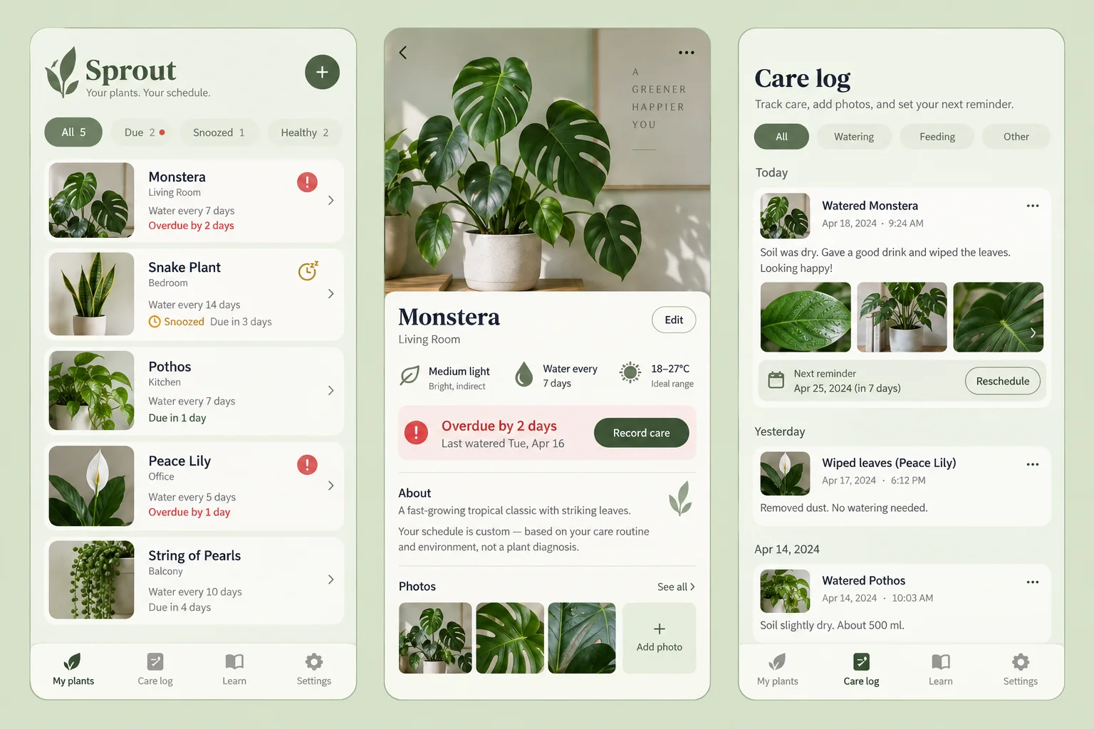 Sprout — вымышленное расписание ухода за растениями с тремя экранами мобильного приложения: «Мои растения», «Карточка растения» и «Журнал ухода».