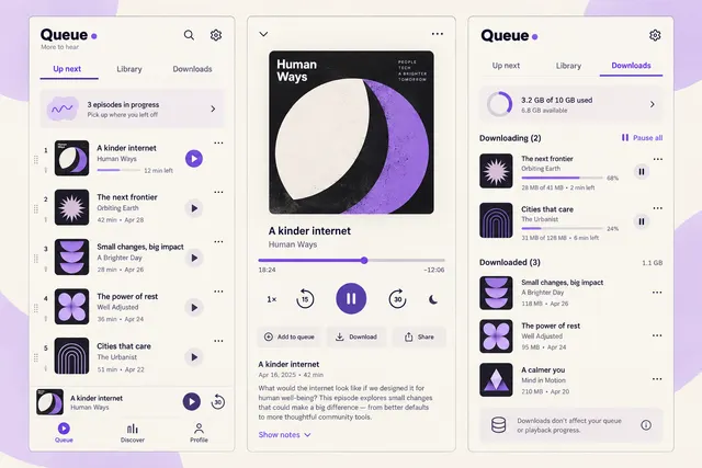 Queue — вымышленная очередь прослушивания подкастов с экранами «Далее», плеером выпуска и менеджером загрузок в трёх экранах мобильного приложения.