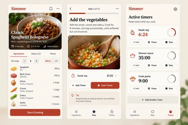 Simmer — вымышленный режим приготовления по рецепту, показывающий рецепт, этап приготовления и активные таймеры на трёх экранах мобильного приложения.