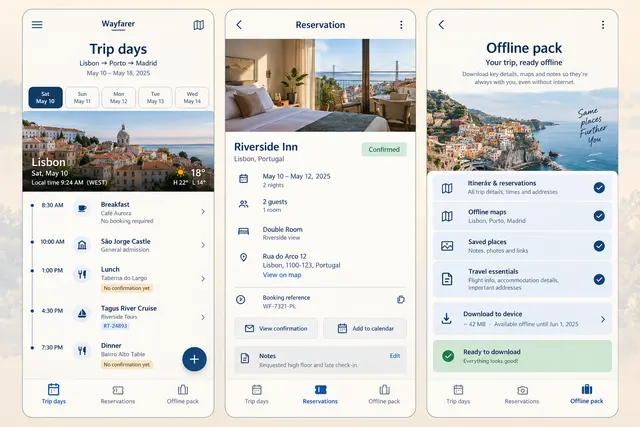 Wayfarer — вымышленный органайзер маршрута поездки, показывающий дни поездки, бронирование и офлайн-пакет на трёх экранах мобильного приложения.