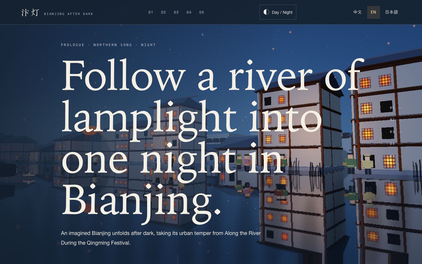 Bianjing Night Tour Website Design: lantern-lit river city hero in English