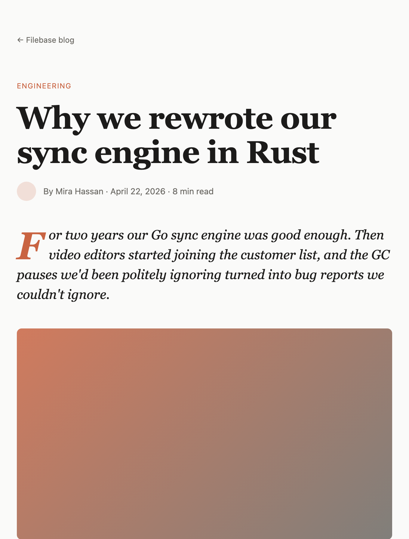 Filebase engineering article opening with a Rust migration headline, author byline, introductory paragraph and warm gradient lead panel.