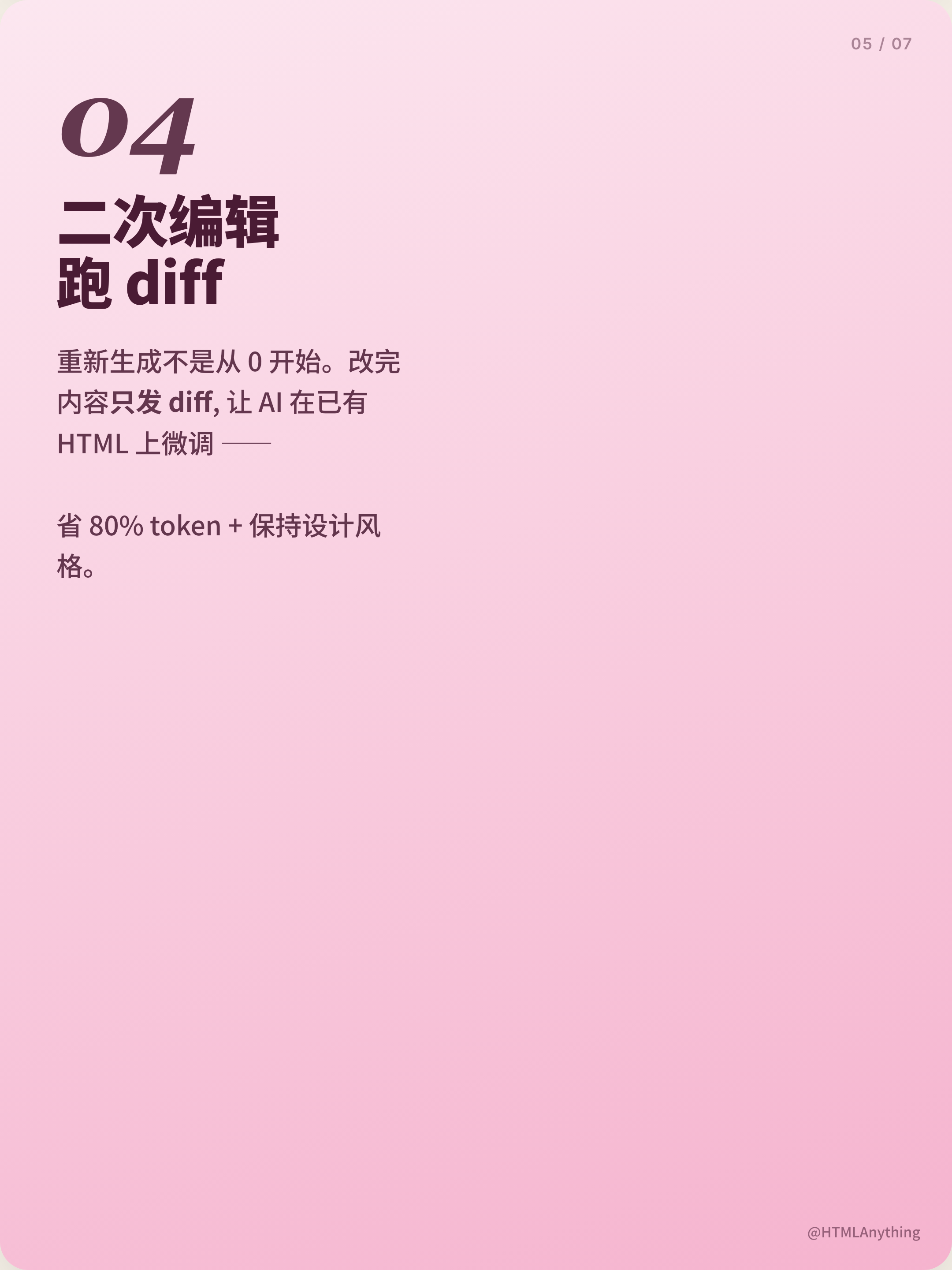 Pink portrait card with a large italic 04, a bold Chinese and Latin diff heading, and supporting paragraphs about revising existing HTML.