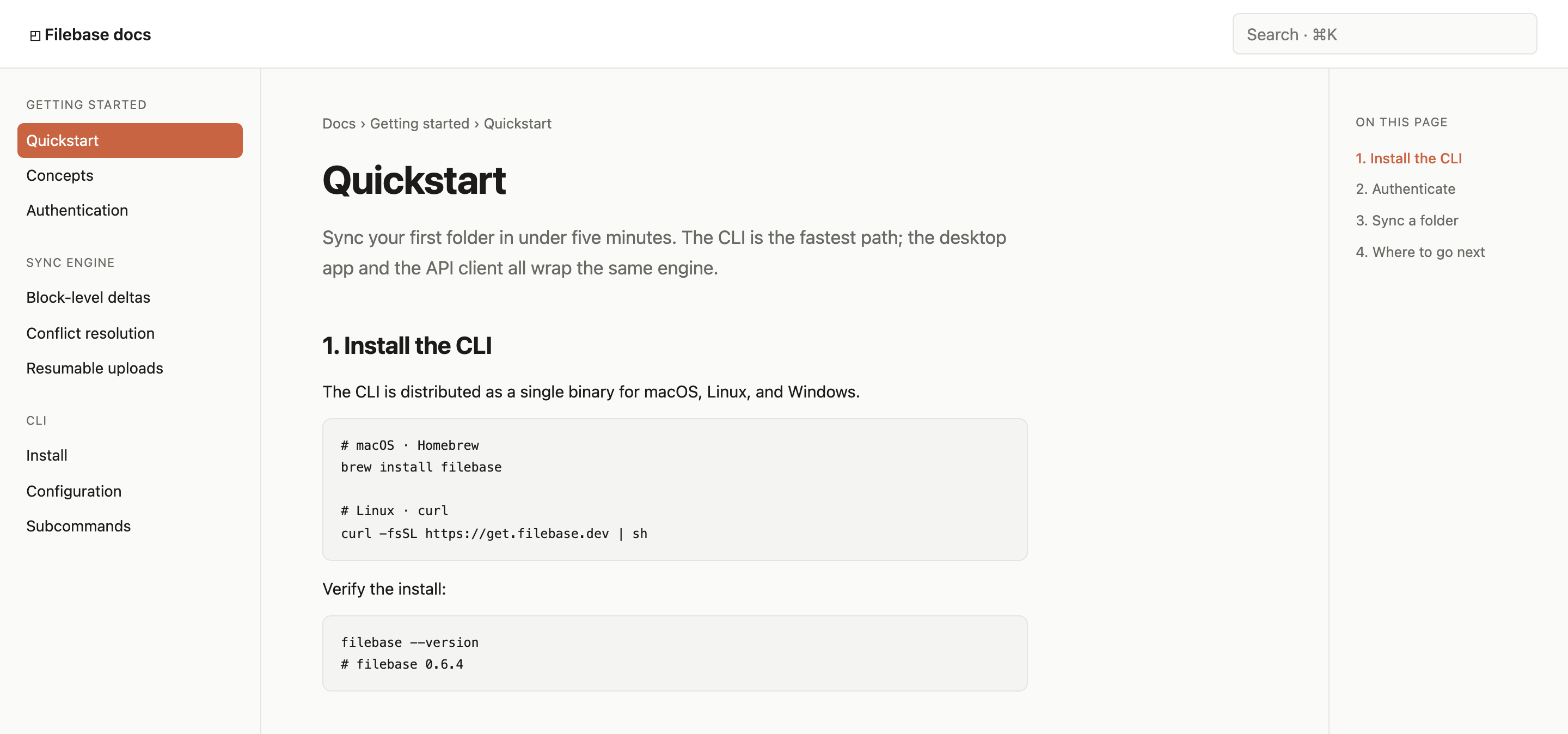 Filebase documentation opening with a search bar, left navigation, right table of contents, Quickstart title, and CLI installation code examples.