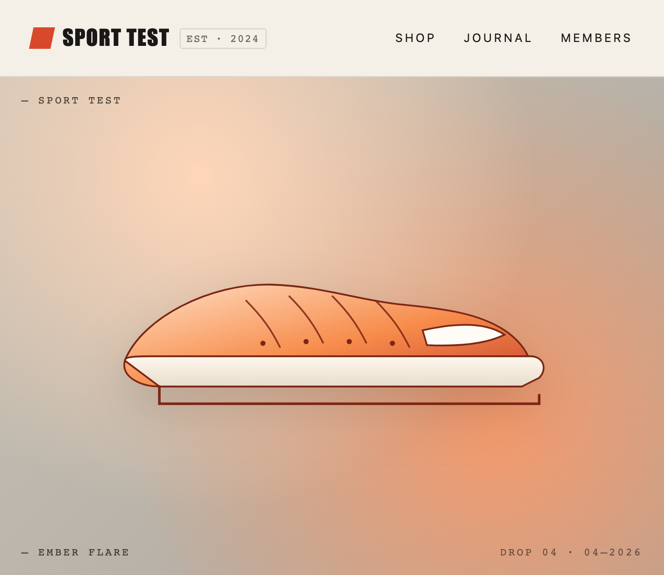 SPORT TEST email opening with its brand masthead, navigation and orange Axis Pro sneaker illustration.