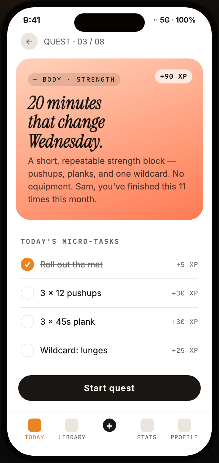 The strength quest detail screen shows one completed micro-task, three remaining tasks, XP values, and a Start quest action.