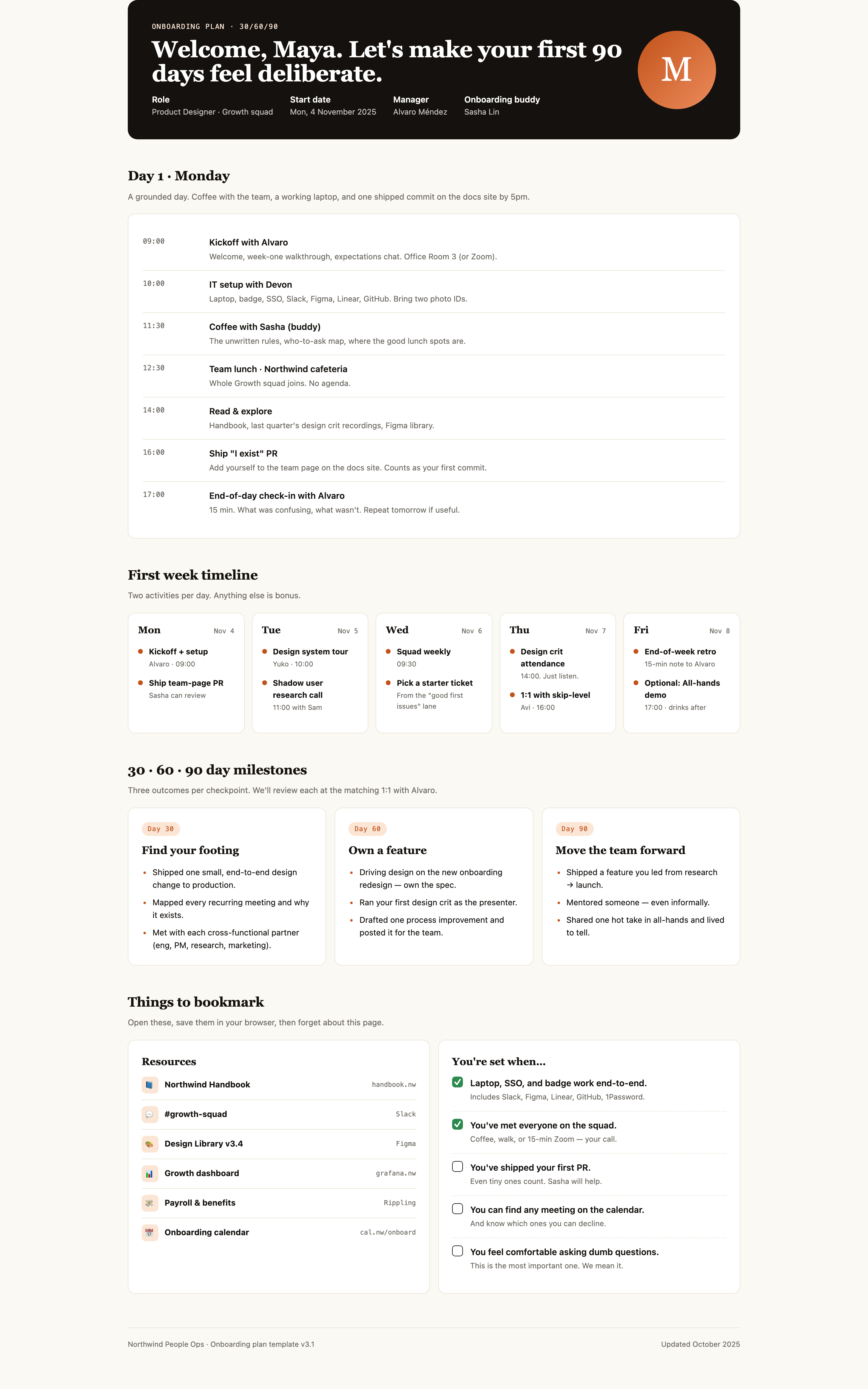 Cream onboarding document with a dark welcome banner, first-day agenda, weekly cards and milestone sections.
