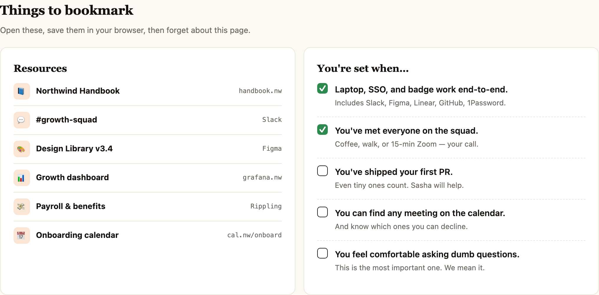 Six resource labels with small icons and service names beside a five-item readiness checklist with two checked and three unchecked states.