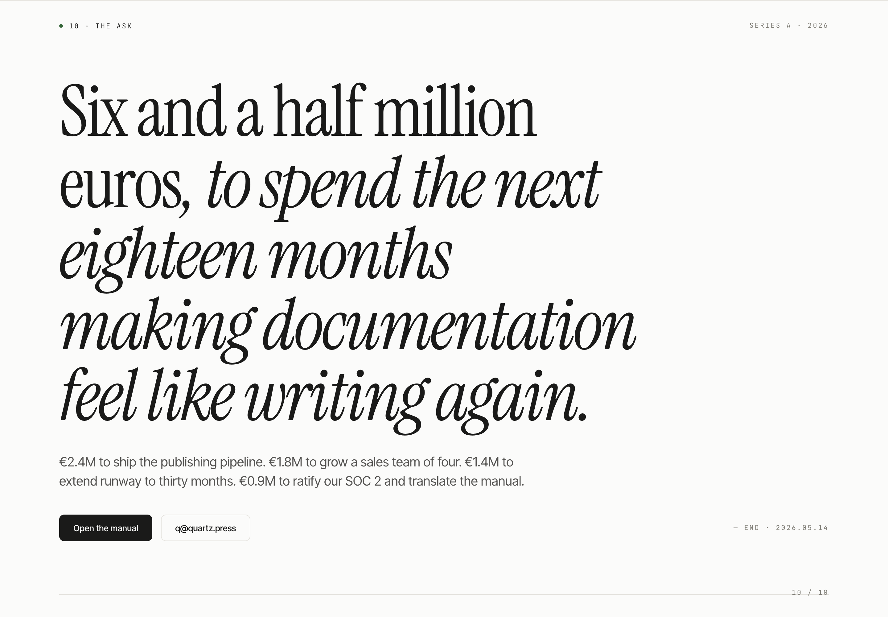 Large serif funding request with italic lines, a compact spending note and a dark action button.