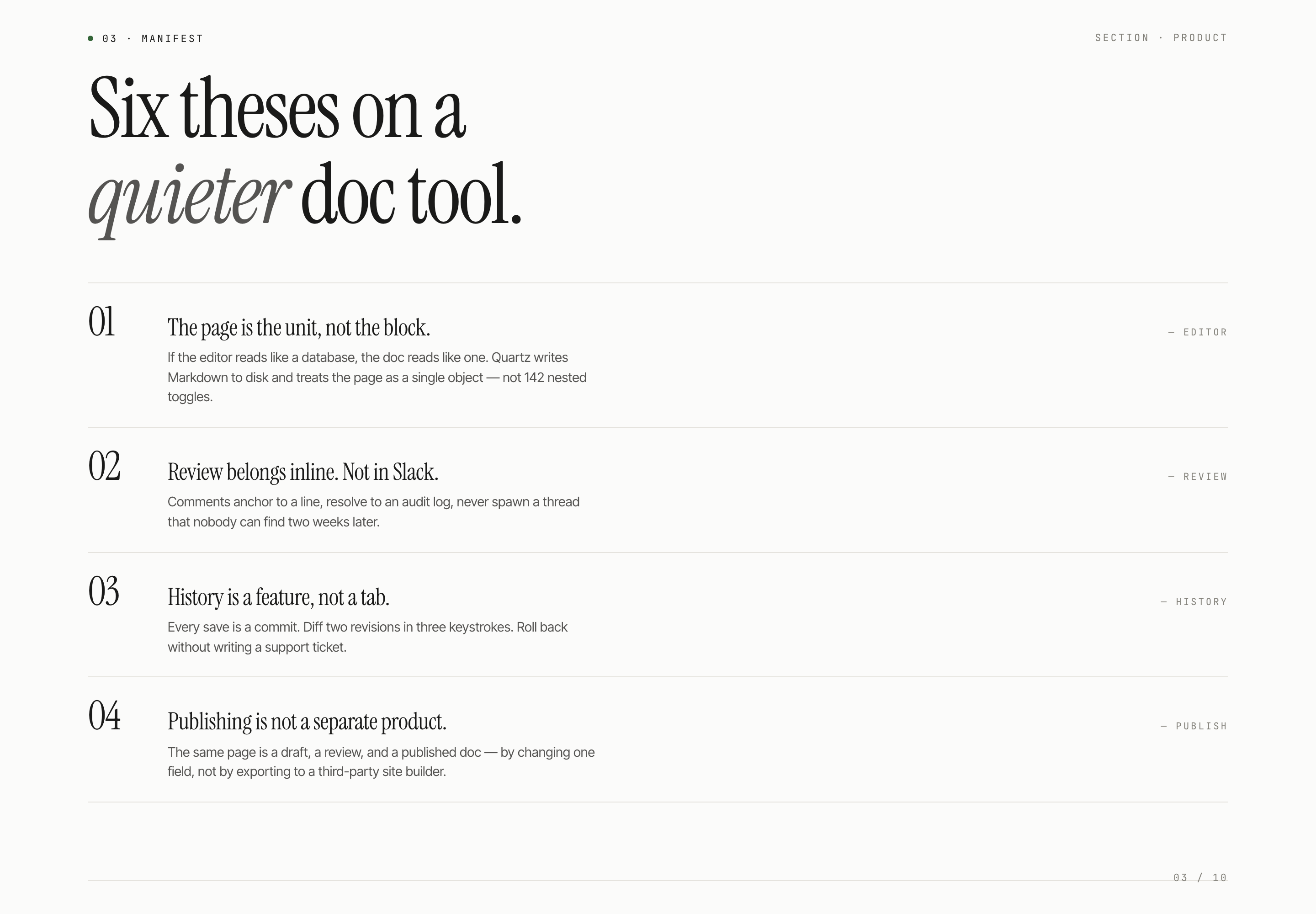 Numbered document-tool principles separated by thin horizontal rules beneath a serif heading.