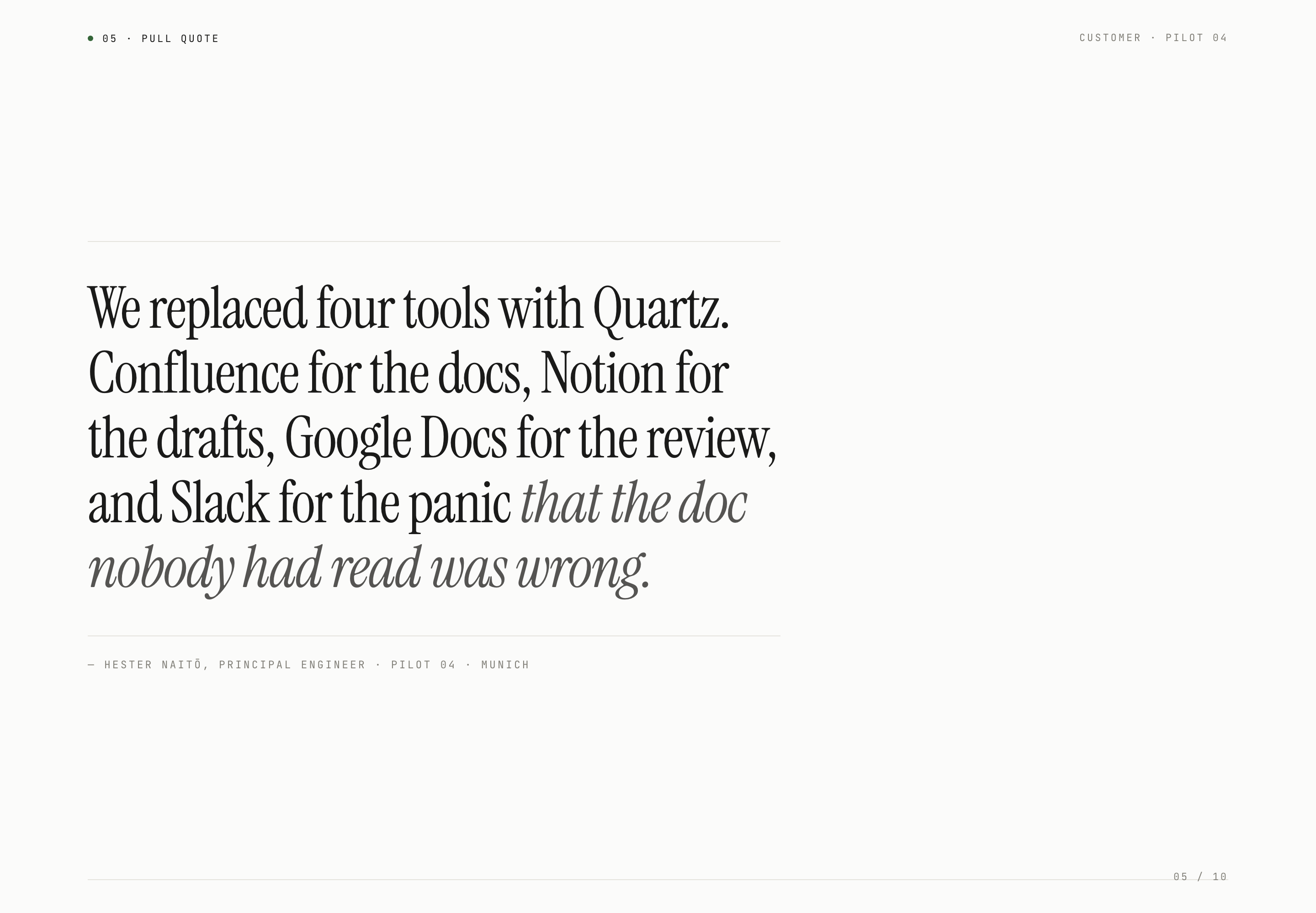 Large serif customer-quote specimen with italic emphasis and small attribution on a white slide.