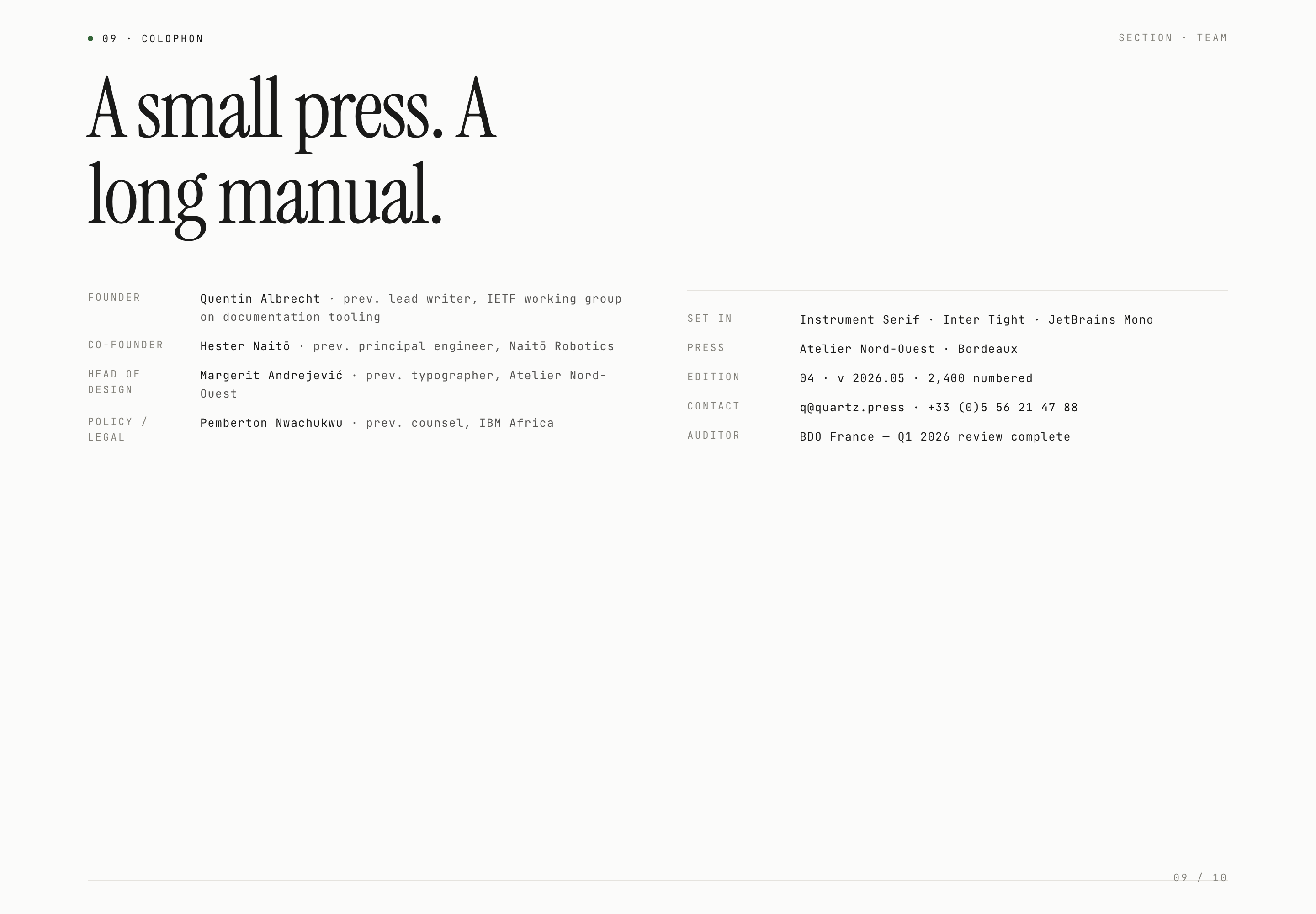 Two small text columns for a sample team and operating details beneath a large serif headline.