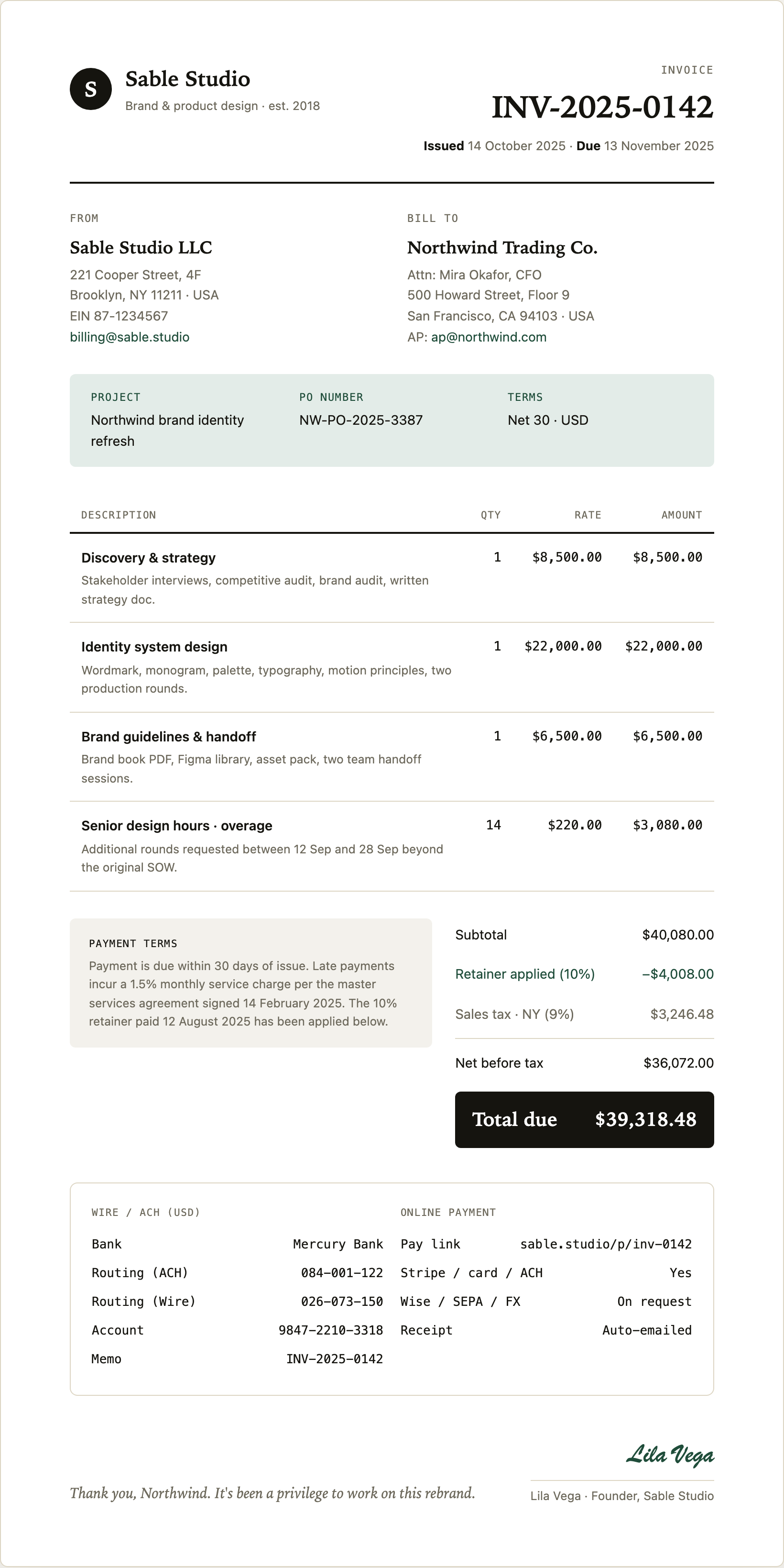 White invoice with issuer and client details, an itemized service table, a dark total band and payment instructions.