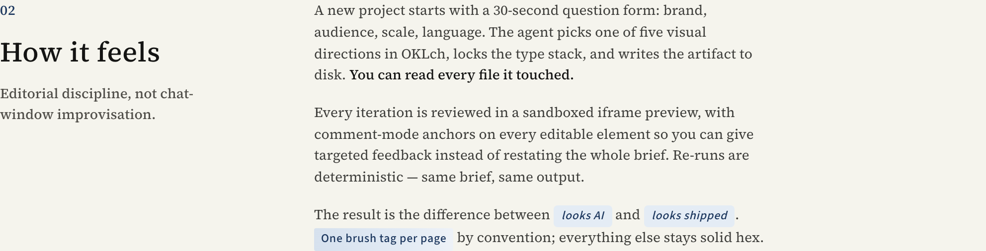 The “How it feels” chapter shows the two-column chapter layout, the workflow description, and inline highlighted phrases.
