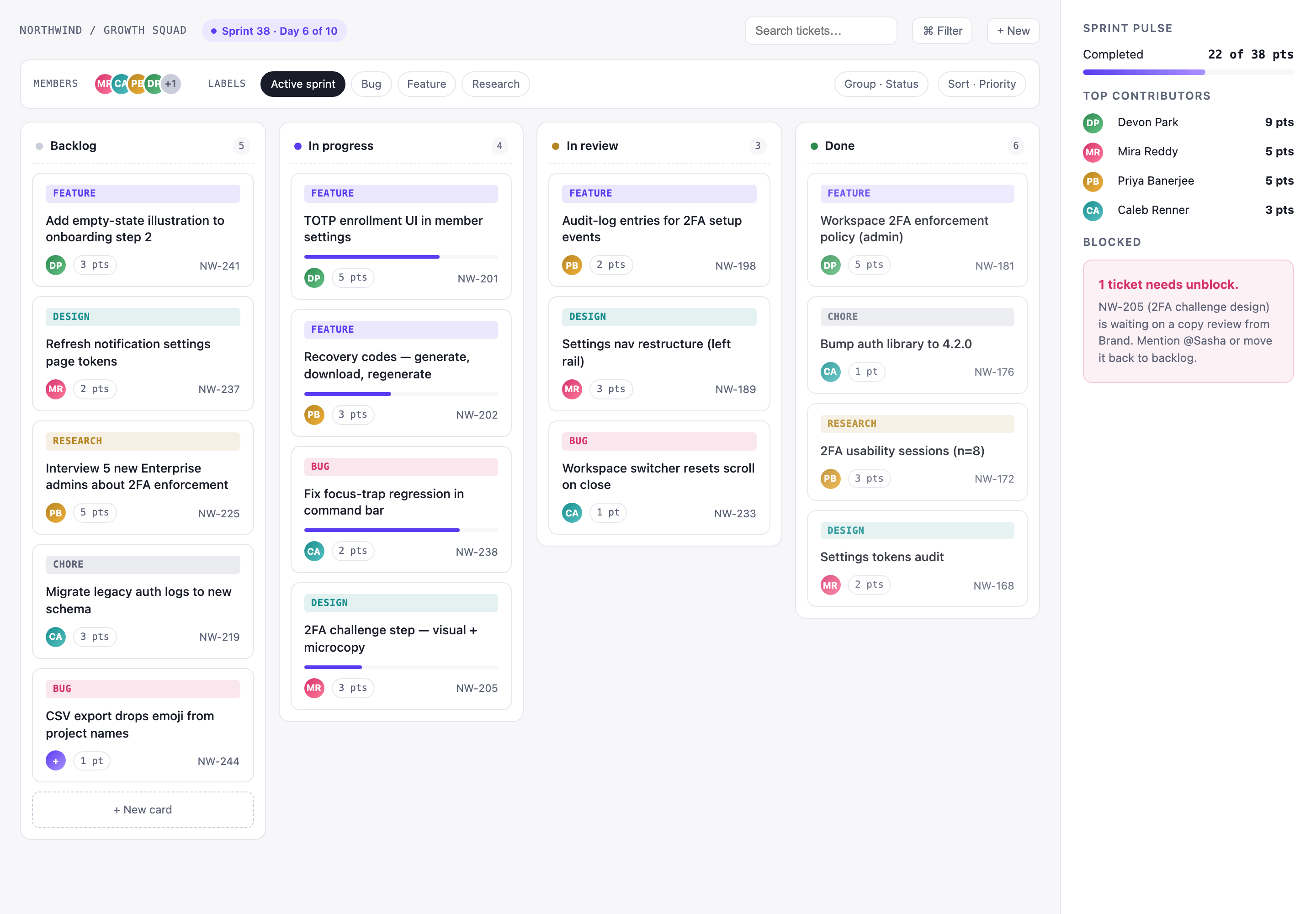 Light sprint app with four task columns, pastel card labels, filter controls and a narrow progress sidebar.