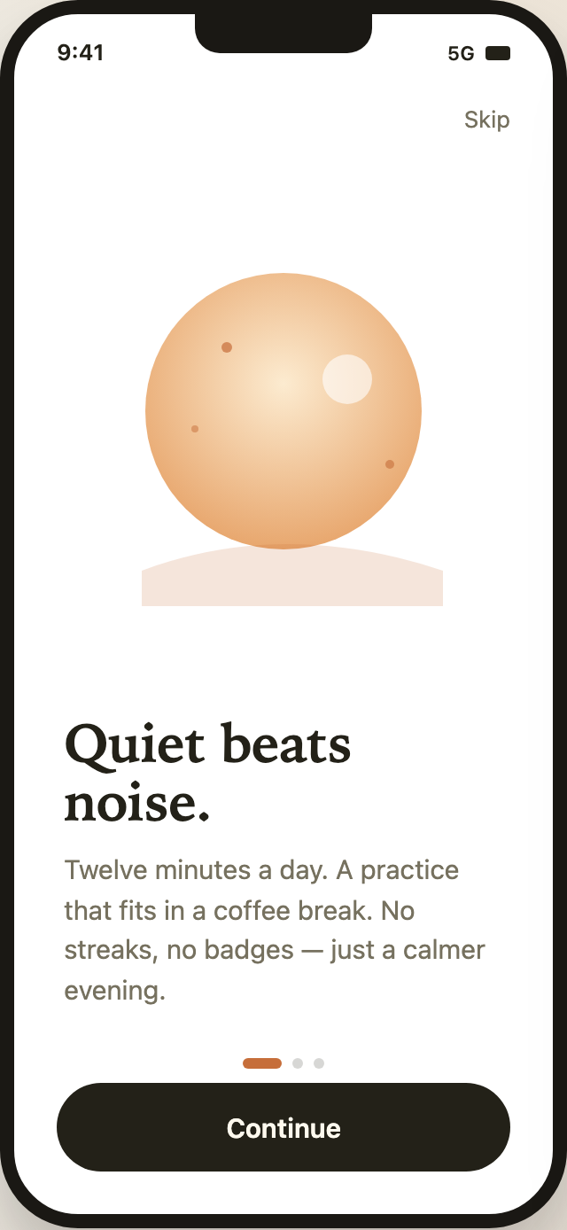 Lull welcome phone screen with a warm circular illustration, serif Quiet beats noise heading, first progress pill and a dark Continue cue.