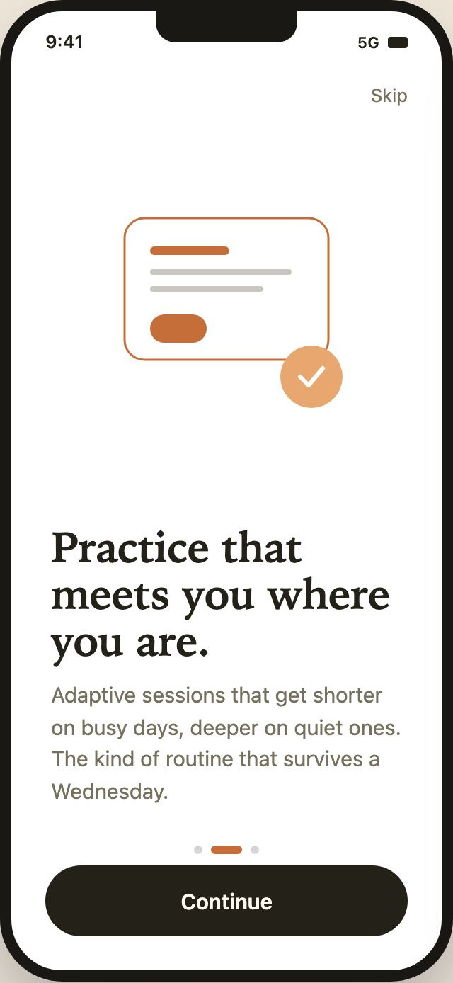 Lull practice introduction phone screen with an outlined card illustration, white check in an orange circle, serif practice heading and middle progress pill.
