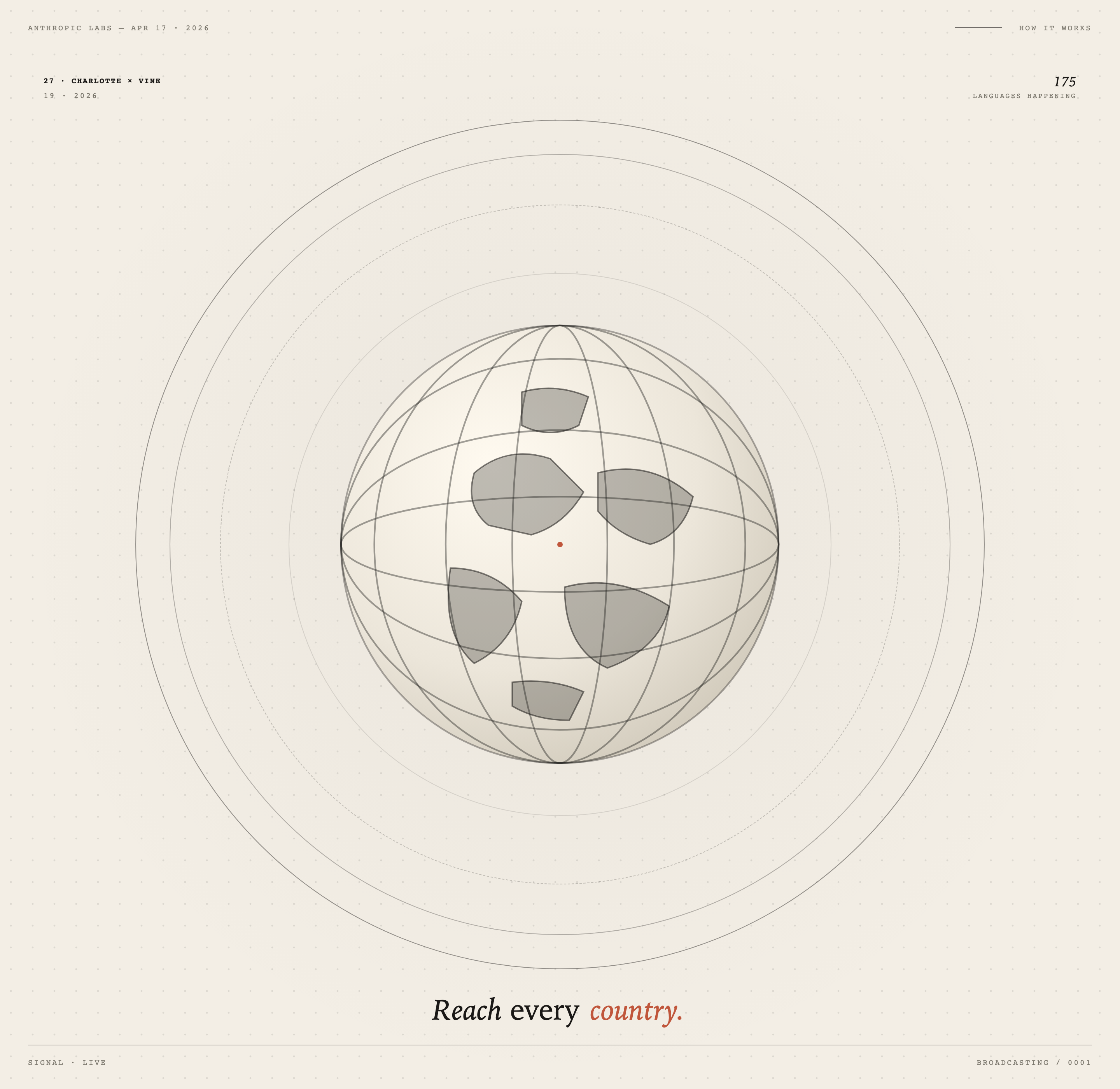 Cream editorial composition with a fine wireframe globe, scattered dark shapes, concentric rings and sparse corner labels.