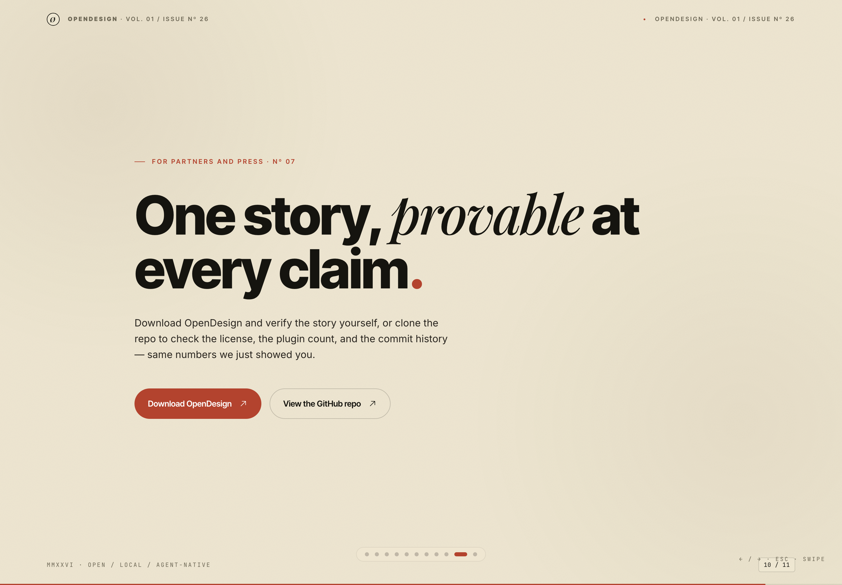 Bold closing brand statement with a short paragraph and two actions on a cream slide.