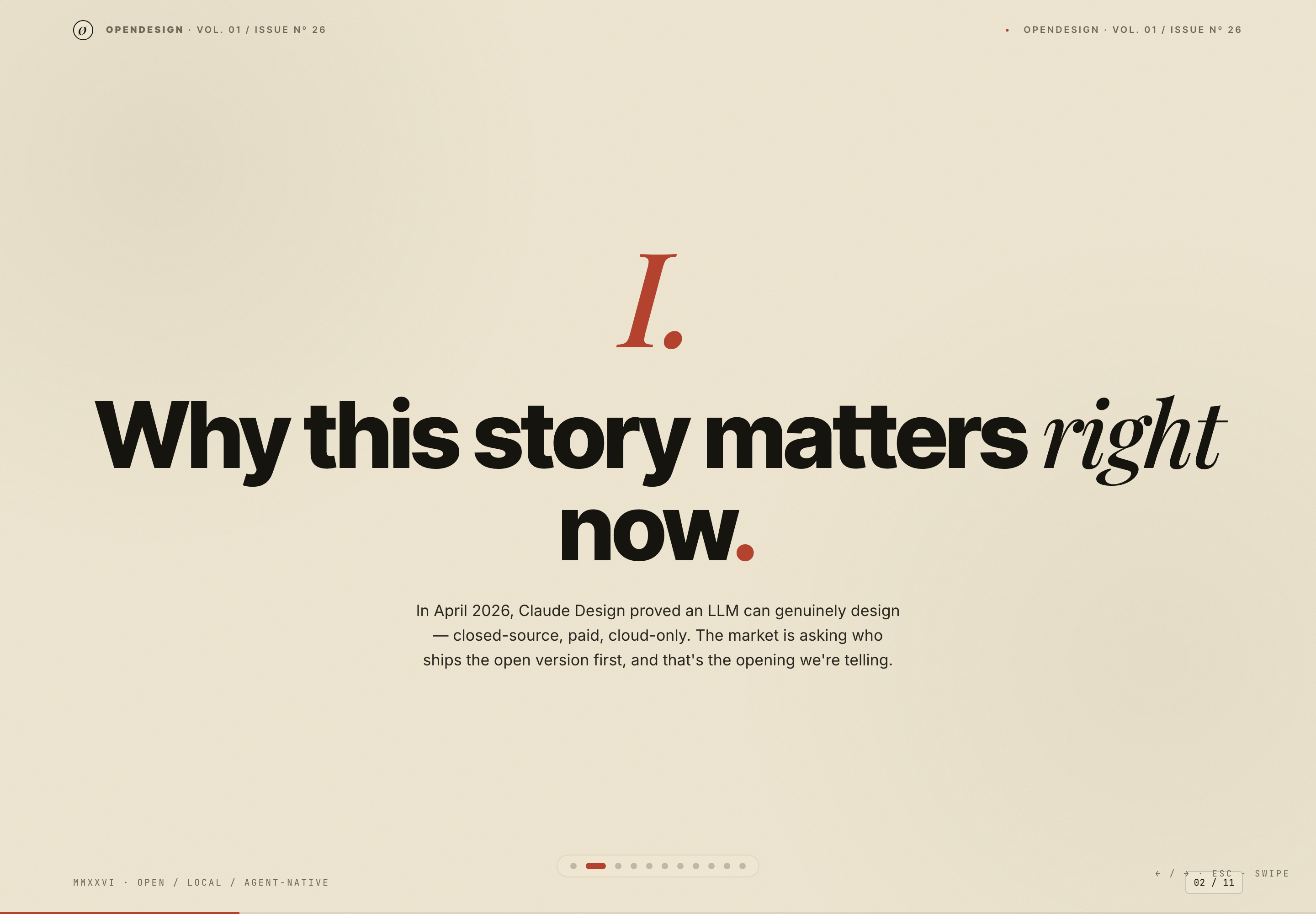 Centered narrative heading with a red Roman numeral on a spacious cream presentation slide.
