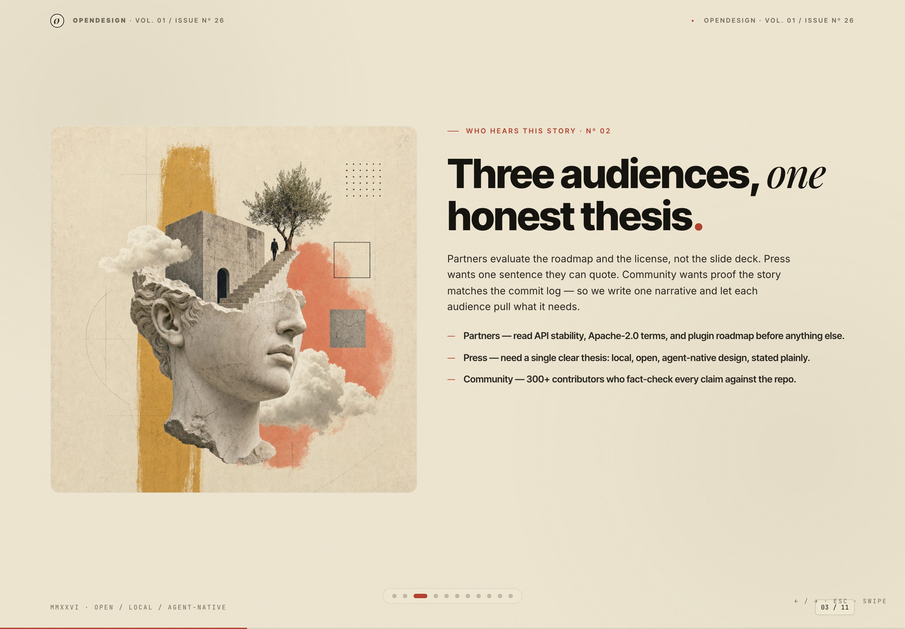 Architectural head collage on the left and an audience-focused heading with three short bullets on the right.