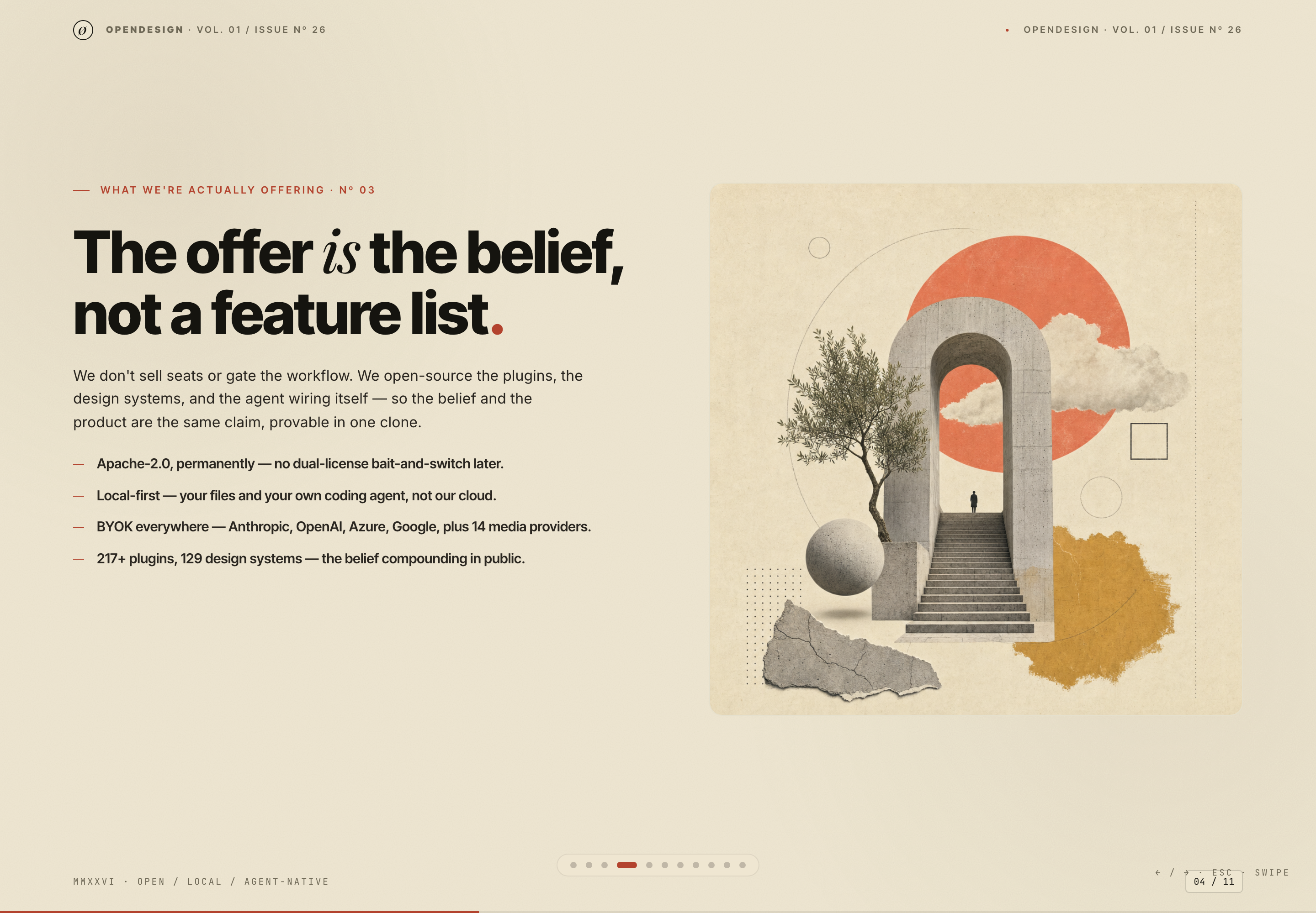 Bold product-belief headline beside a cream collage of an arch, tree and geometric shapes.