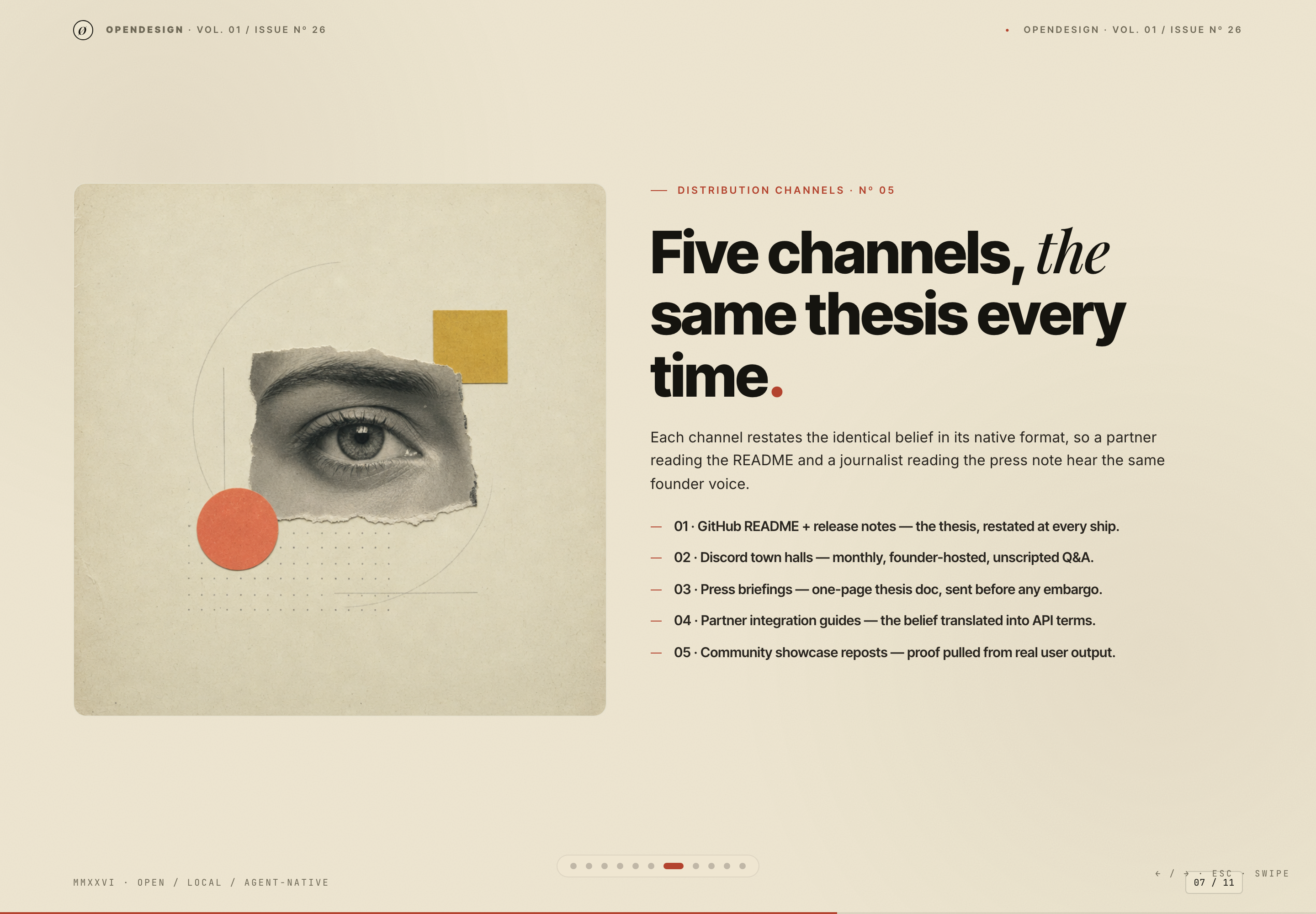 Eye collage and colored geometric accents beside a five-channel communication list.