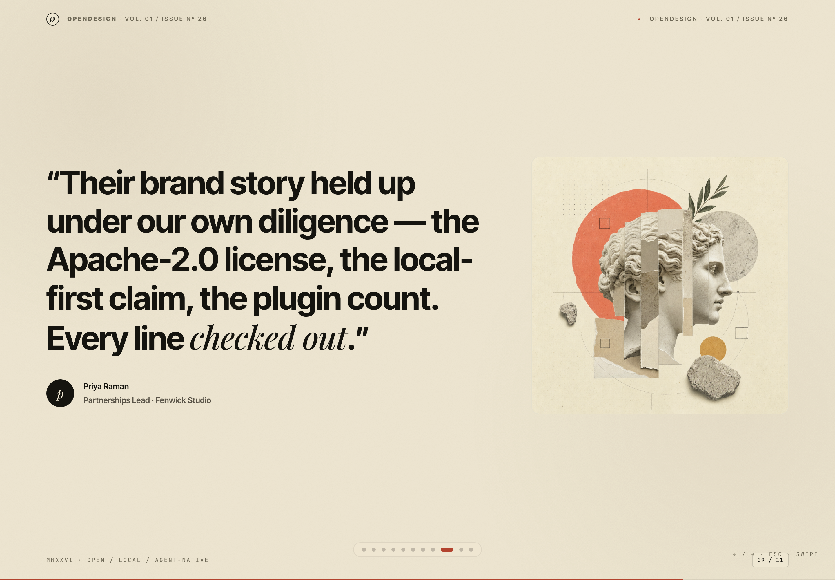 Cream quote slide with a large sample partner quotation, small attribution and a sculptural head collage with an olive branch and coral circle.