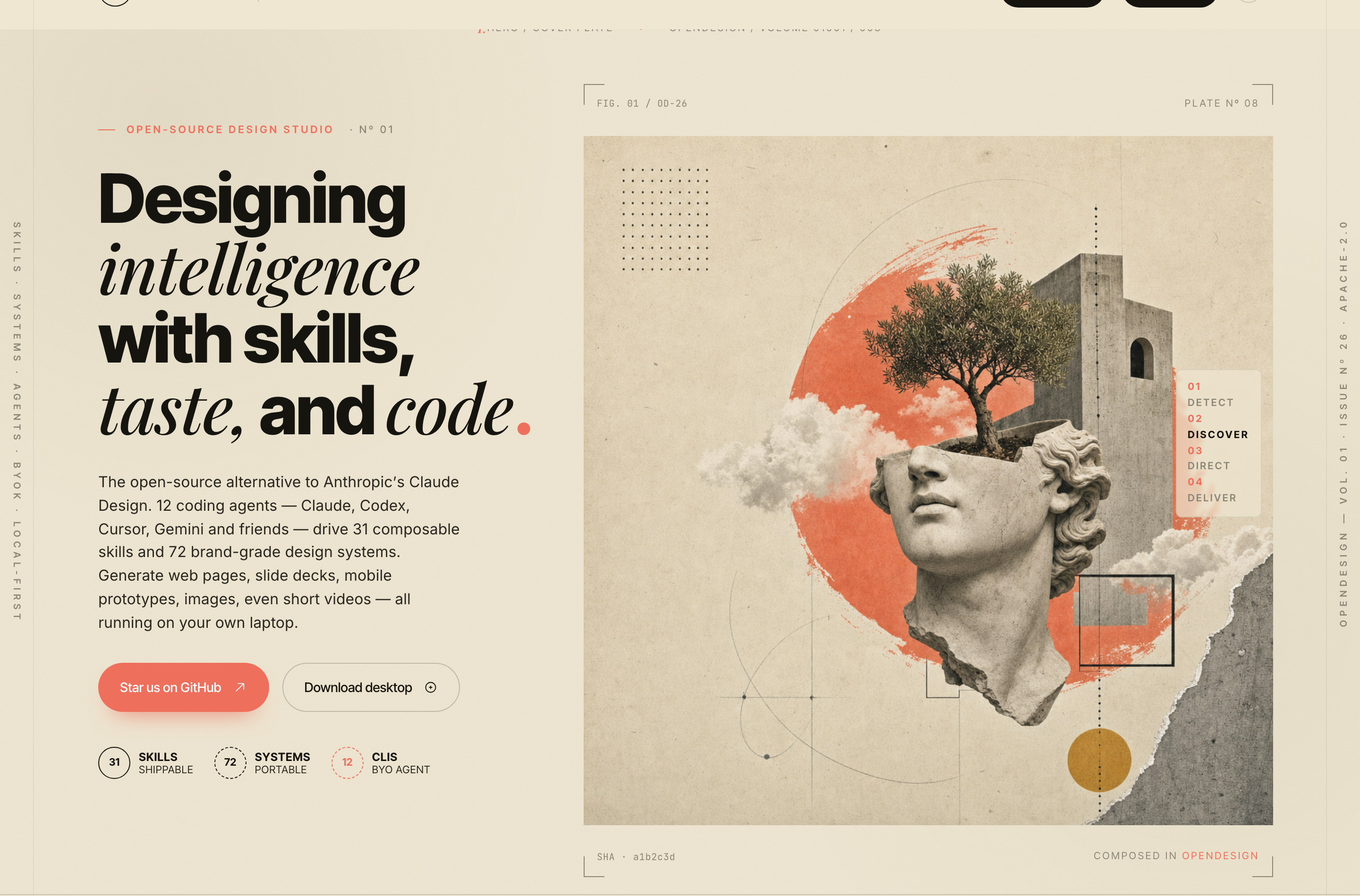 Cream landing hero with bold black-and-italic typography, two actions and an architectural head collage.