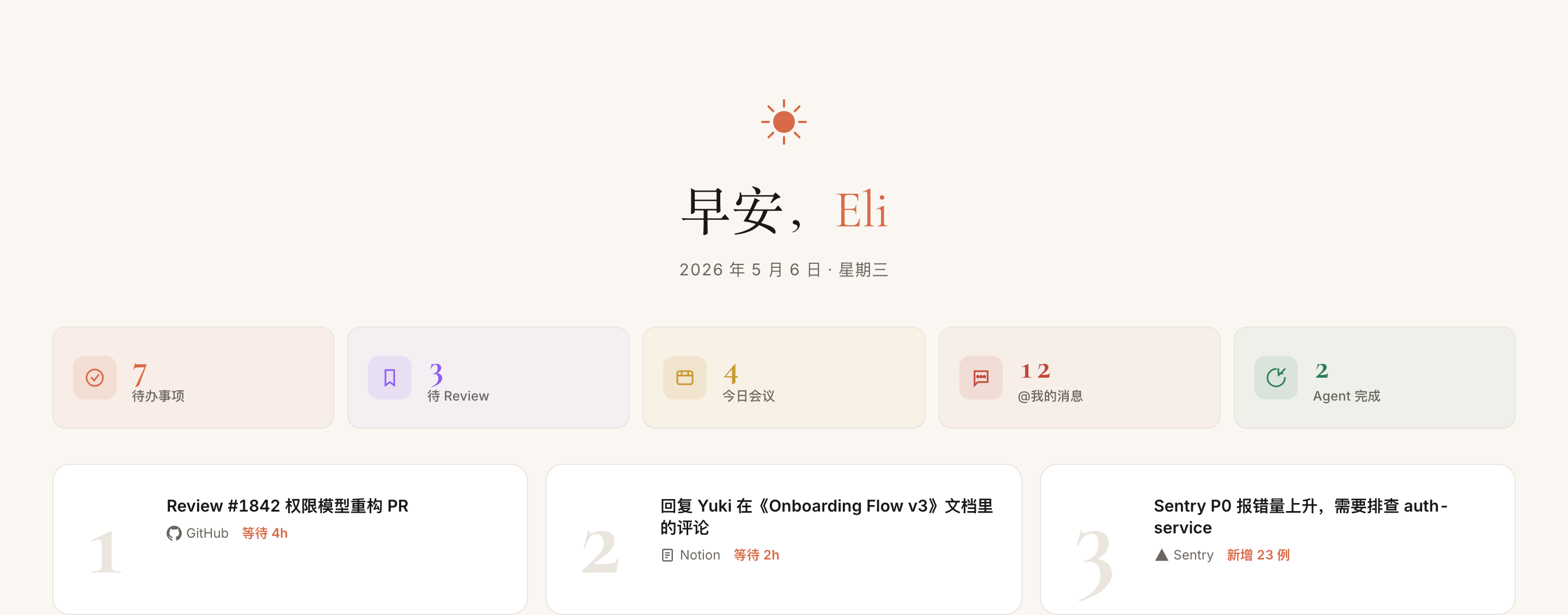 Cream morning briefing opening with a sun icon, Chinese greeting for Eli, weekday date, five pastel summary cards and three numbered priority tasks.