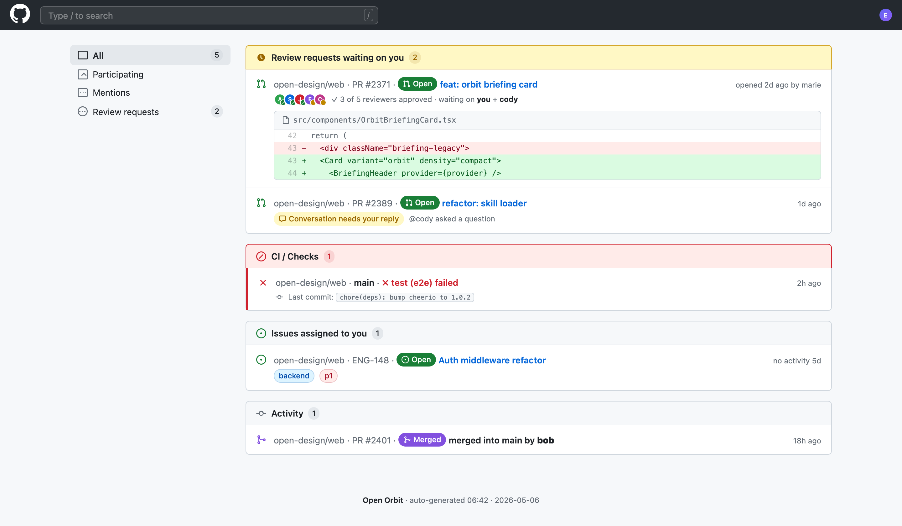 Light code-review inbox beneath a dark top bar, with review requests, a red CI warning and issue activity.