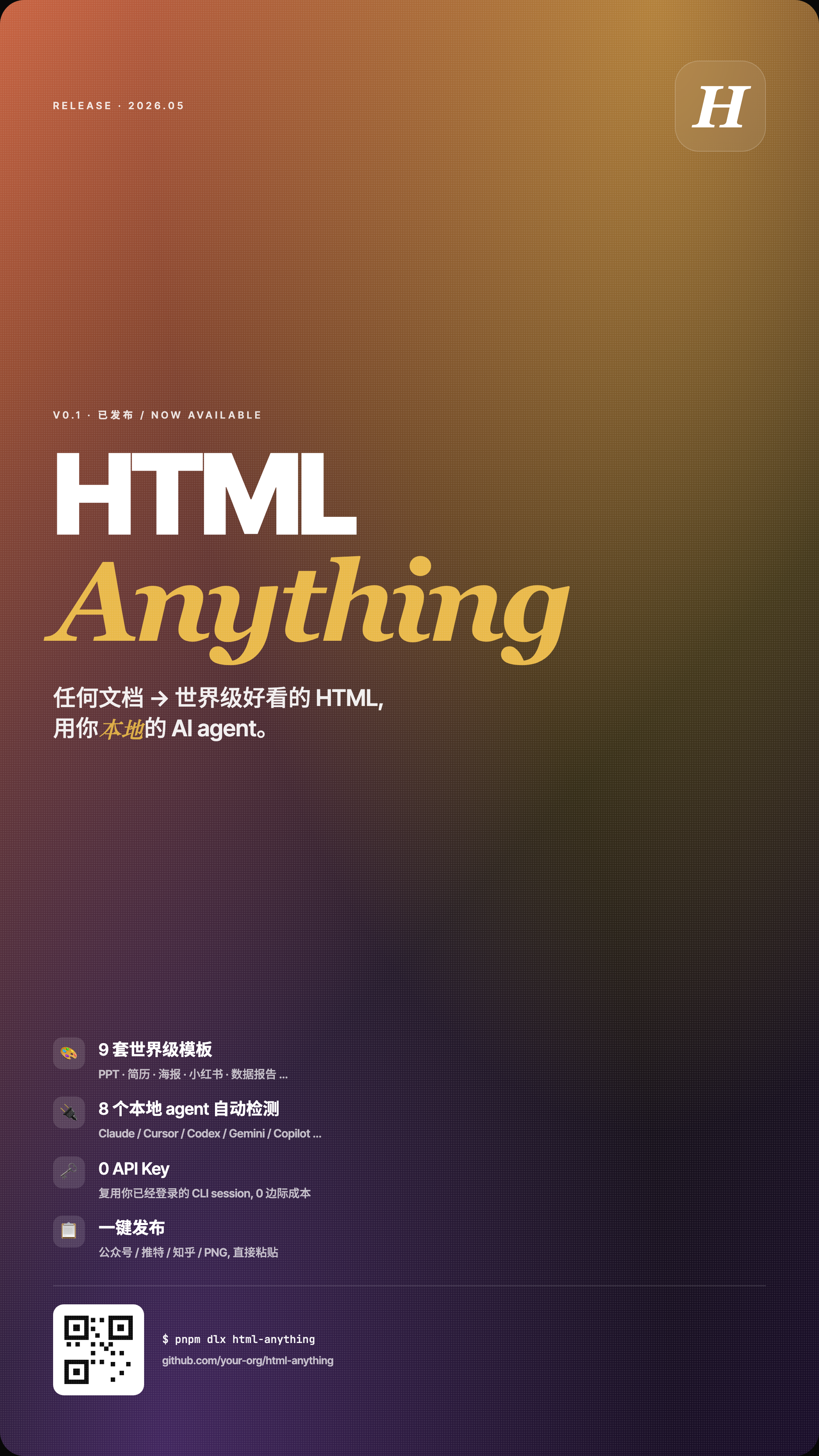Tall orange-to-purple textured poster with oversized white HTML and gold italic Anything lettering, four icon-led feature rows, and a QR-like footer beside command text.