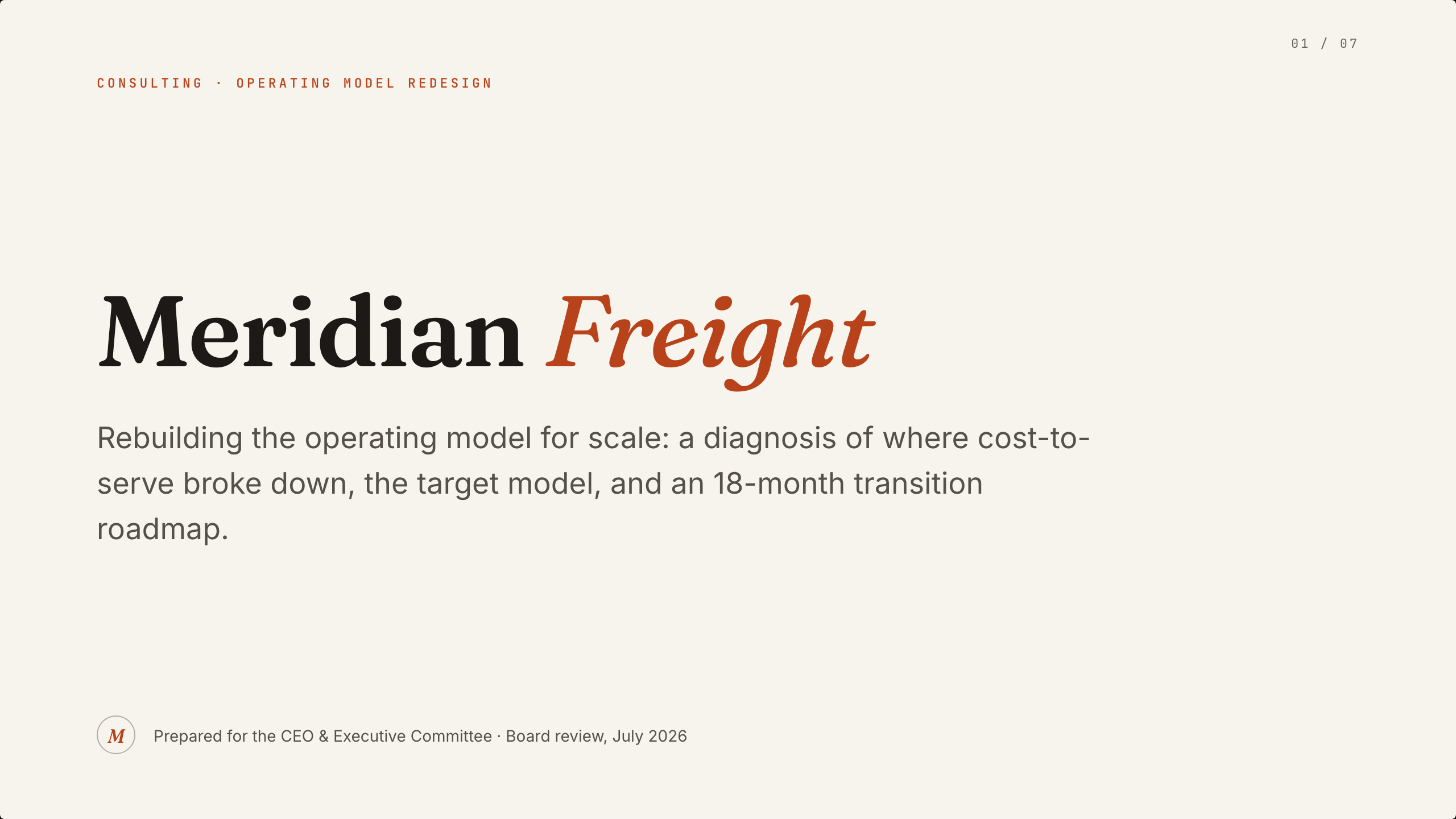 Cream strategy cover with a serif company title, rust italic accent and small prepared-for note.