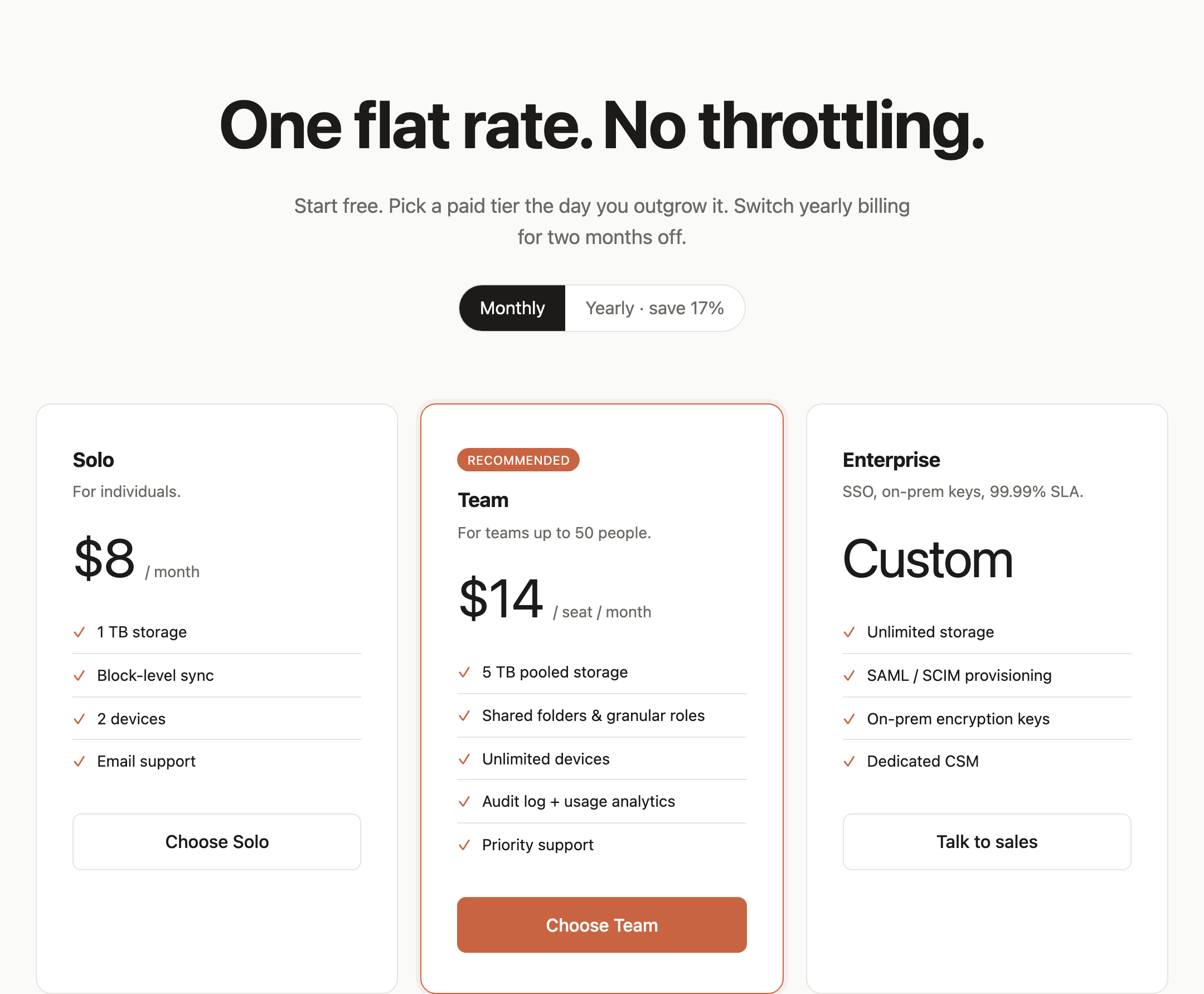 SaaS pricing page opening with a monthly and yearly billing toggle and complete Solo, Team, and Enterprise pricing cards.
