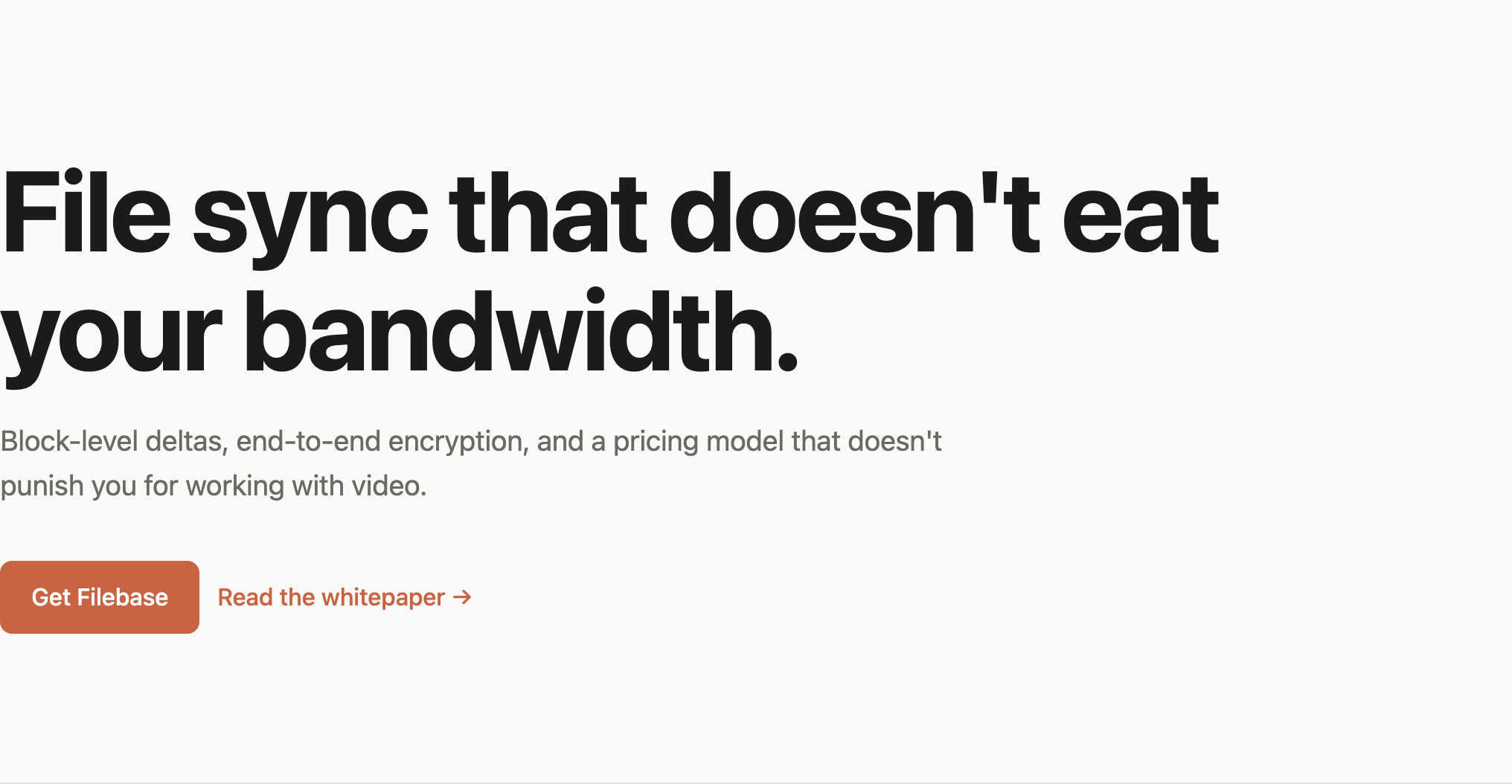 White SaaS landing hero with a large black headline, short explanatory copy and a rust primary action.