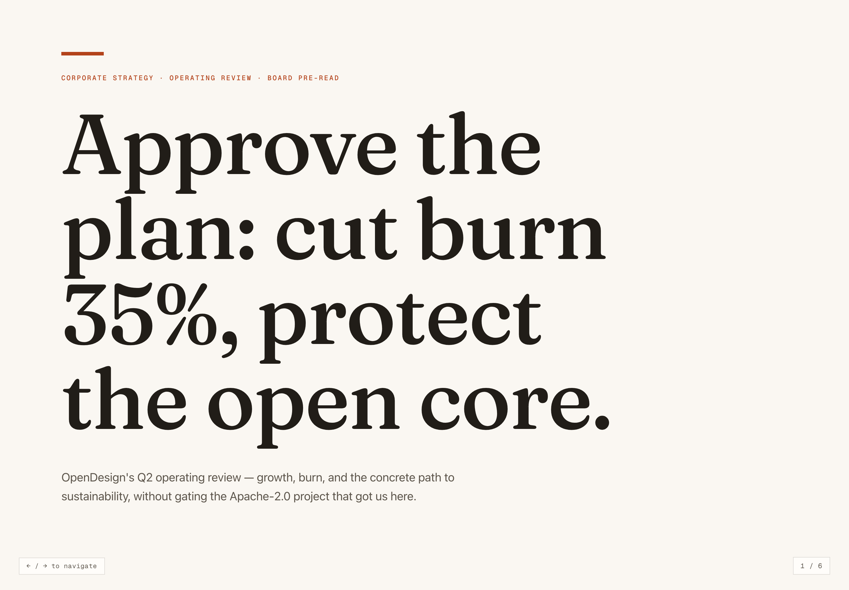 Minimal cream operating-review cover with a large multiline serif approval headline, short rust accent bar and slide counter.