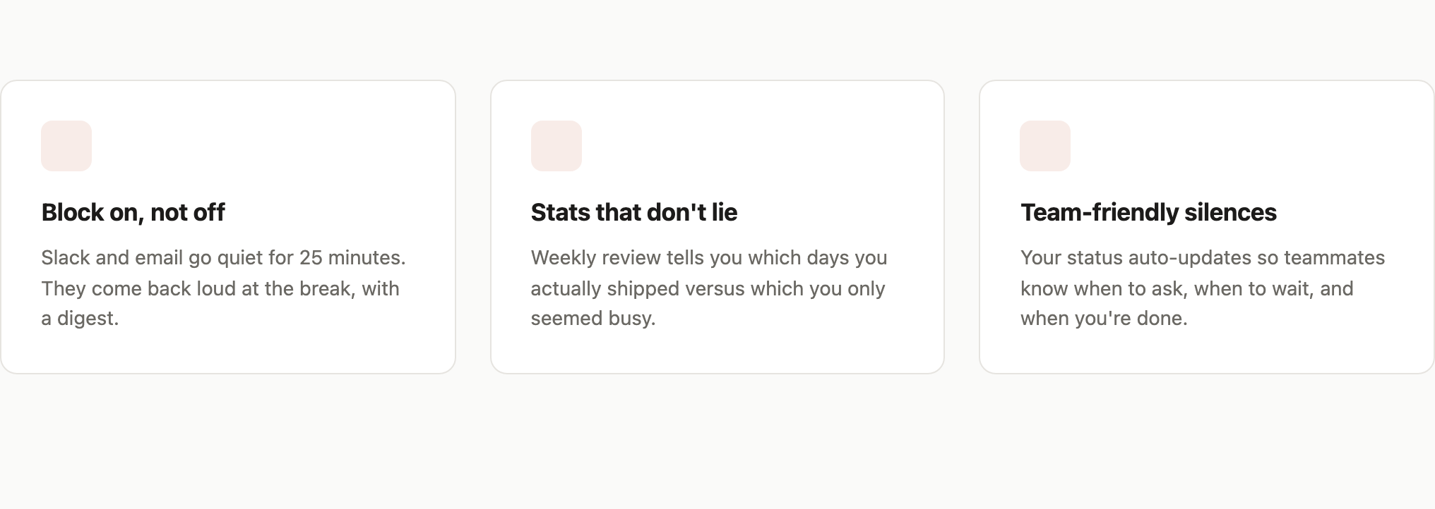 The feature row presents “Block on, not off,” “Stats that don't lie,” and “Team-friendly silences” as three distinct reasons to use the concept.