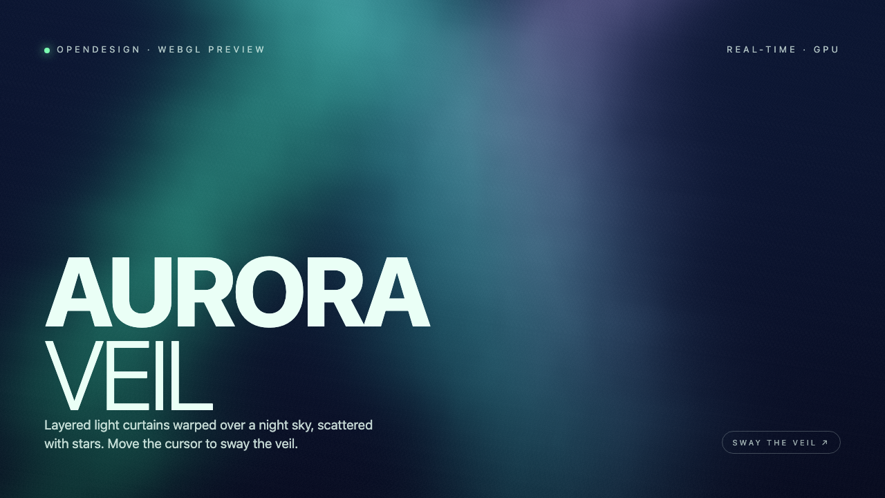 Soft teal and violet light curtains on a dark navy canvas behind large white aurora typography.