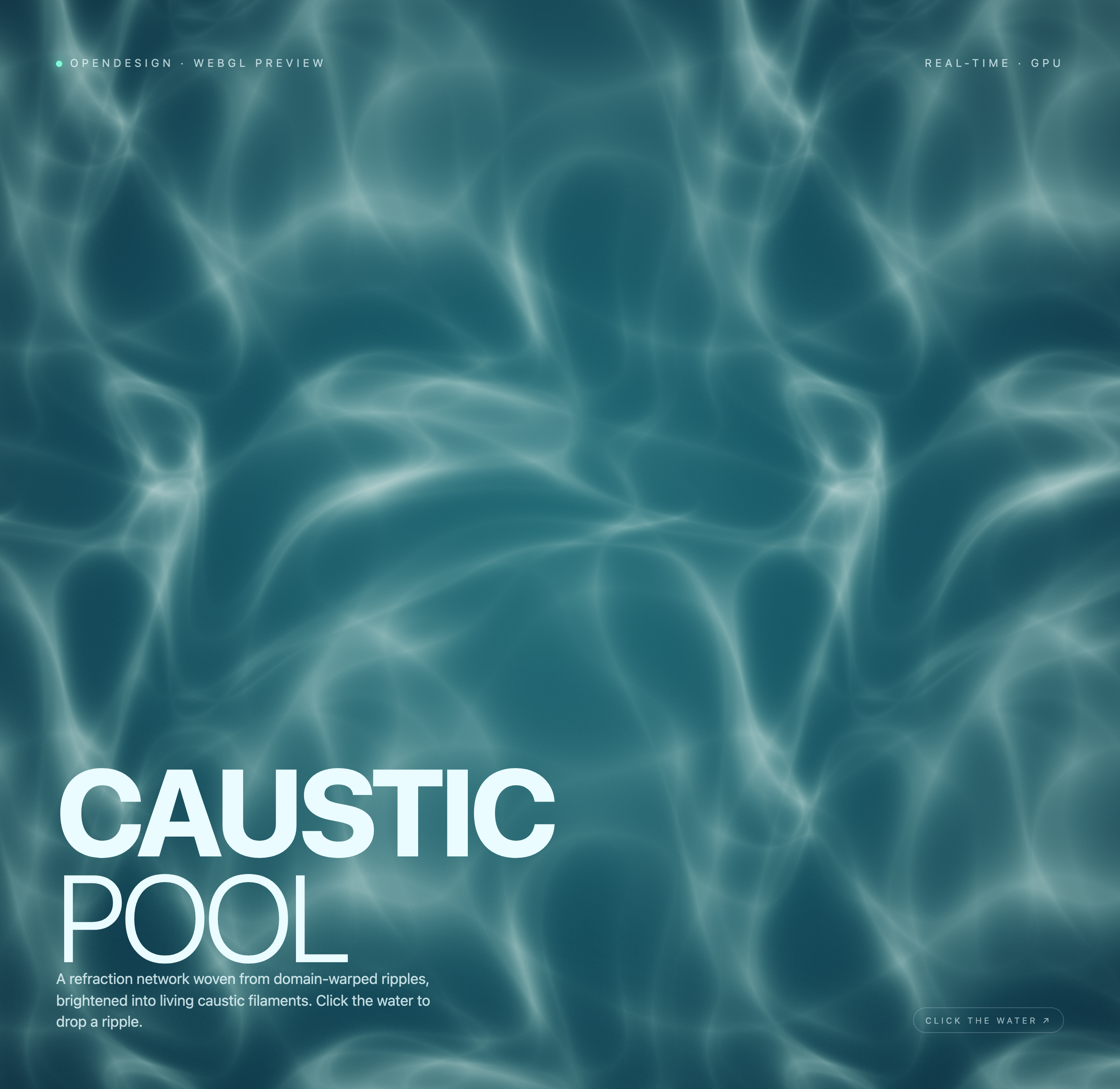 Bright turquoise caustic light lines form rippling cells behind white lower-left typography.