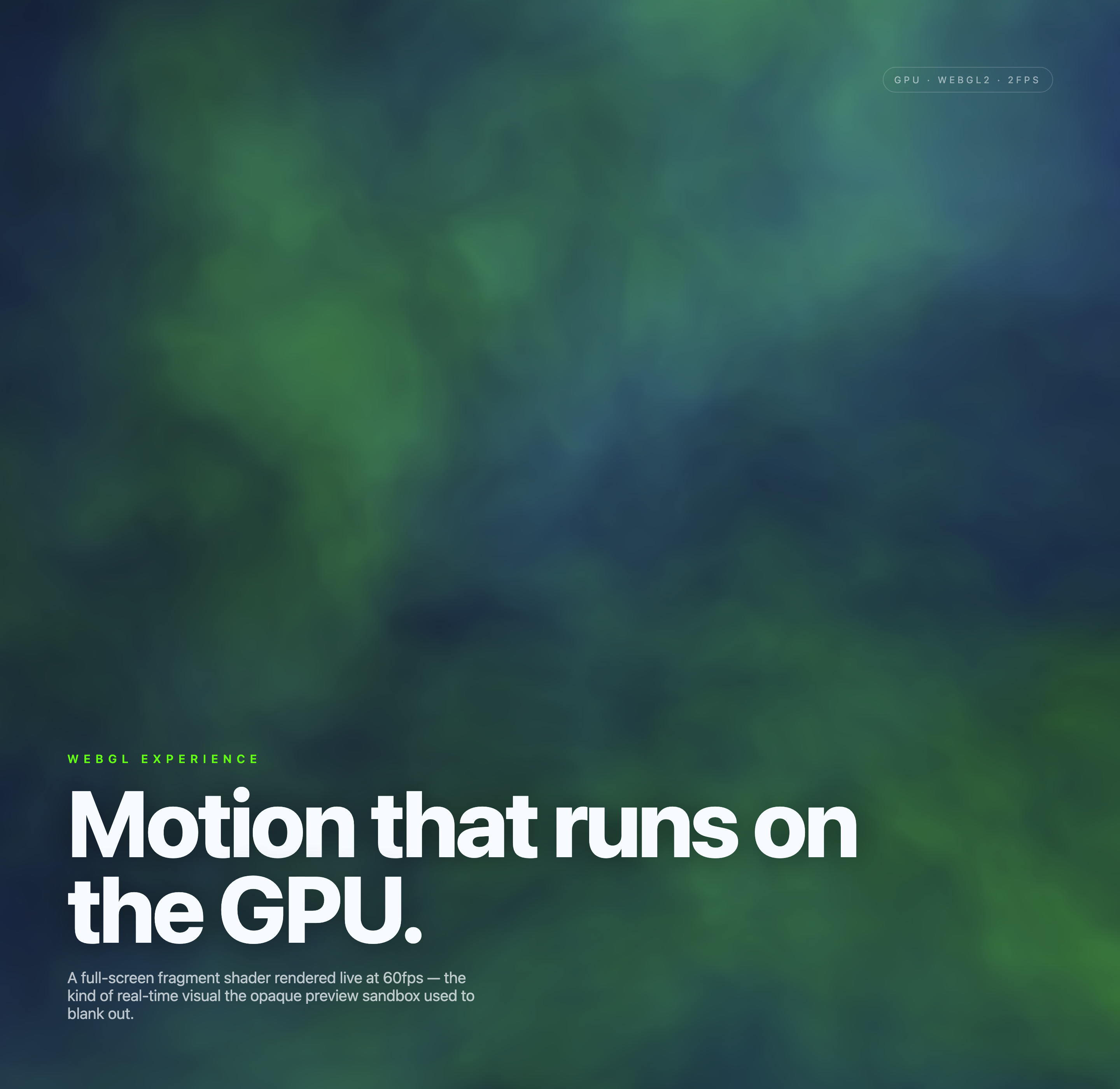 Green and blue haze fills a dark canvas above bold white typography and small green labels.