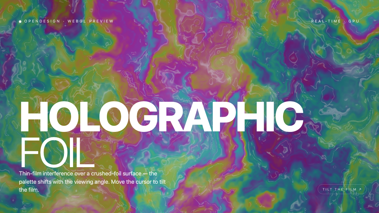 Dense rainbow foil bands with white left-aligned typography and a small interaction hint on the right.