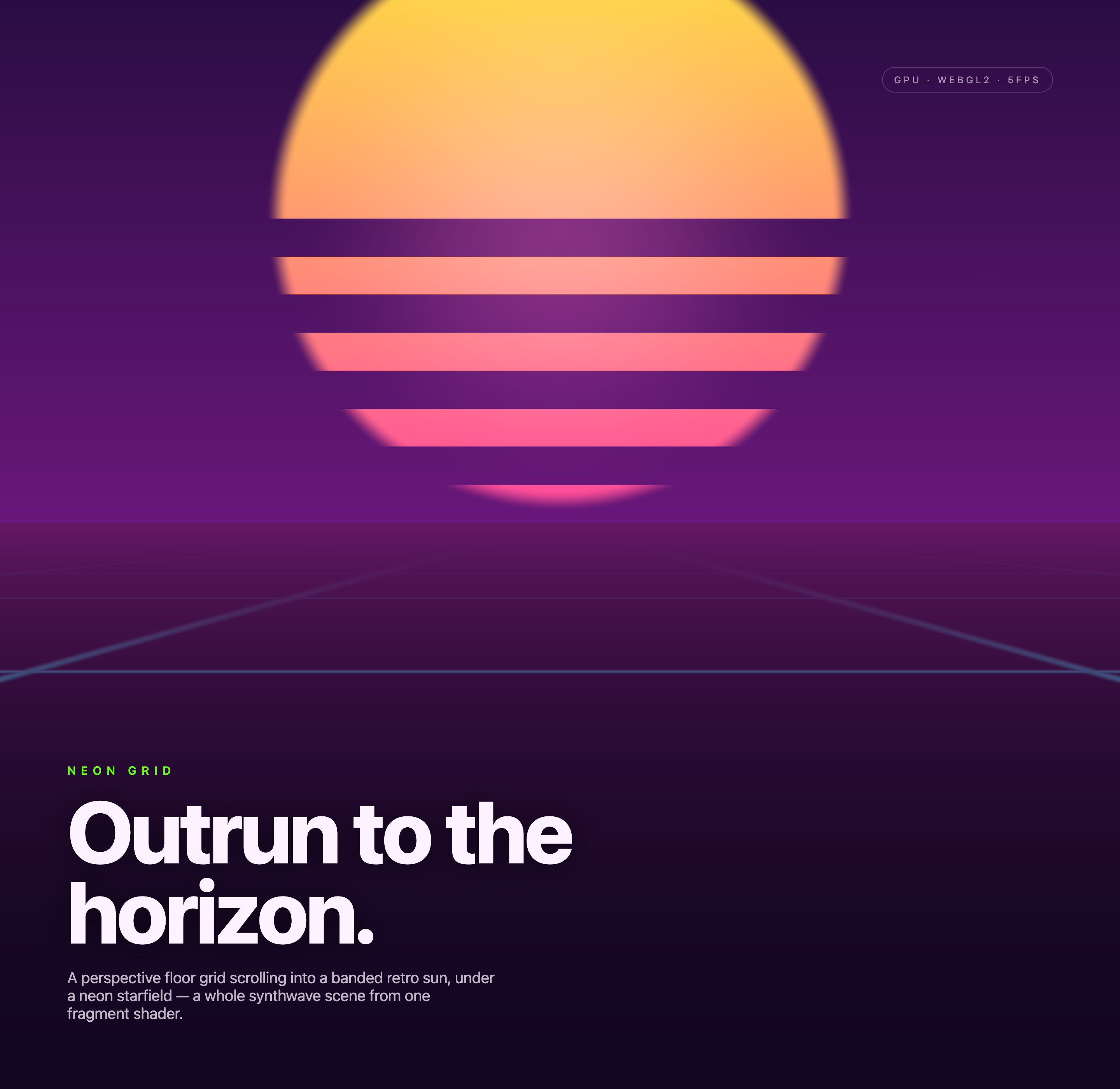 Pink-striped sun glows above a purple horizon and fine perspective-grid lines behind a white title.